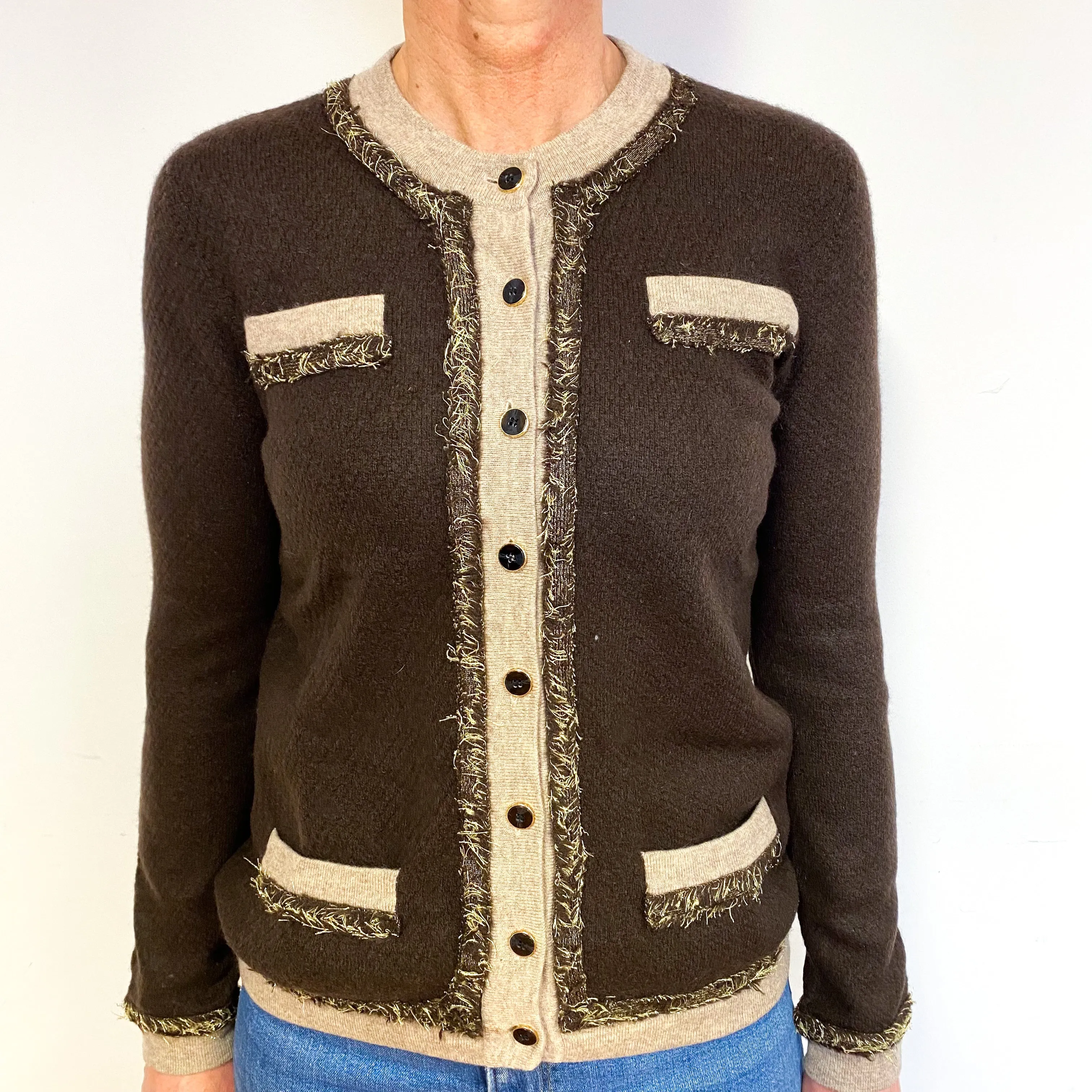 Brown Gold Trimmed Cashmere Crew Neck Cardigan Medium