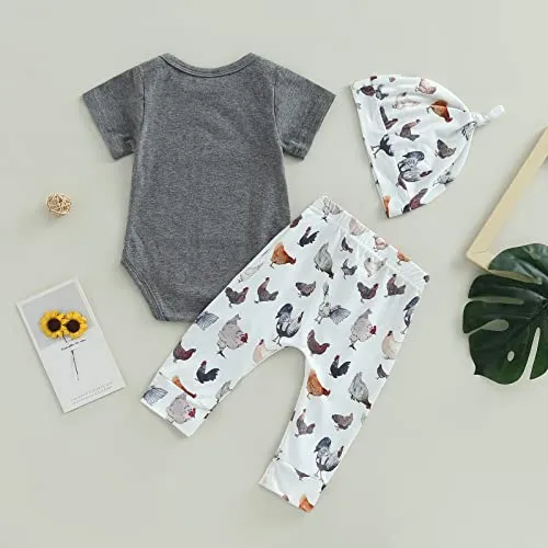 BULINGNA Infant Baby Boy Summer Outfit Set Funny Farm Letters Print Bodysuit Romper and Pattern Print Long Pants Leggings Clothes (Grey, 0-3 Months)
