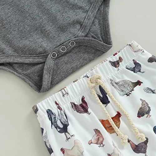 BULINGNA Infant Baby Boy Summer Outfit Set Funny Farm Letters Print Bodysuit Romper and Pattern Print Long Pants Leggings Clothes (Grey, 0-3 Months)