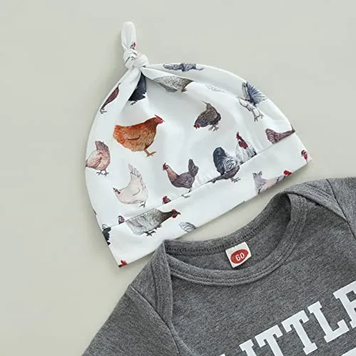 BULINGNA Infant Baby Boy Summer Outfit Set Funny Farm Letters Print Bodysuit Romper and Pattern Print Long Pants Leggings Clothes (Grey, 0-3 Months)