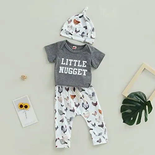 BULINGNA Infant Baby Boy Summer Outfit Set Funny Farm Letters Print Bodysuit Romper and Pattern Print Long Pants Leggings Clothes (Grey, 0-3 Months)