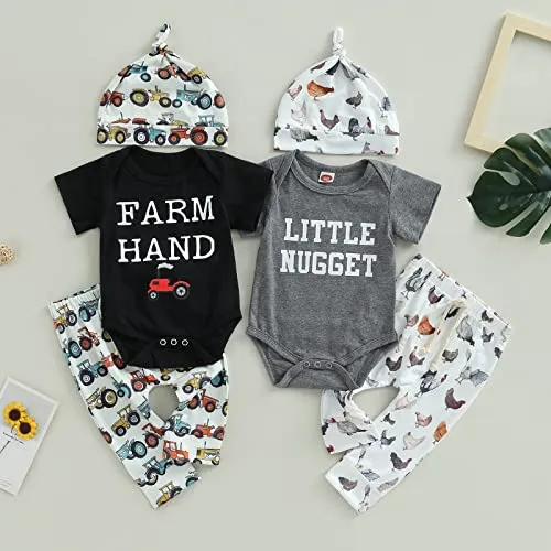 BULINGNA Infant Baby Boy Summer Outfit Set Funny Farm Letters Print Bodysuit Romper and Pattern Print Long Pants Leggings Clothes (Grey, 0-3 Months)