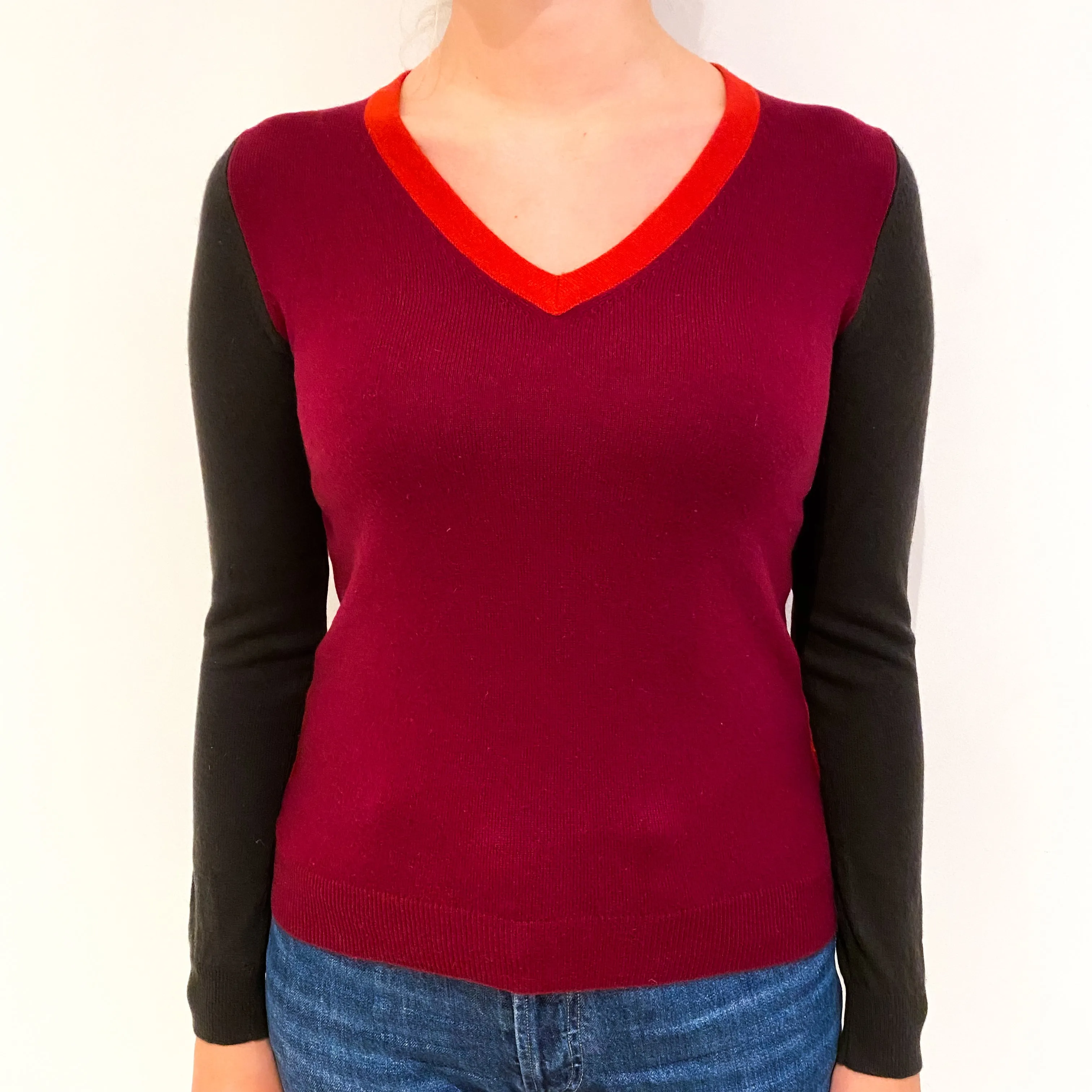 Burgundy Colour Block Cashmere V-Neck Jumper Small