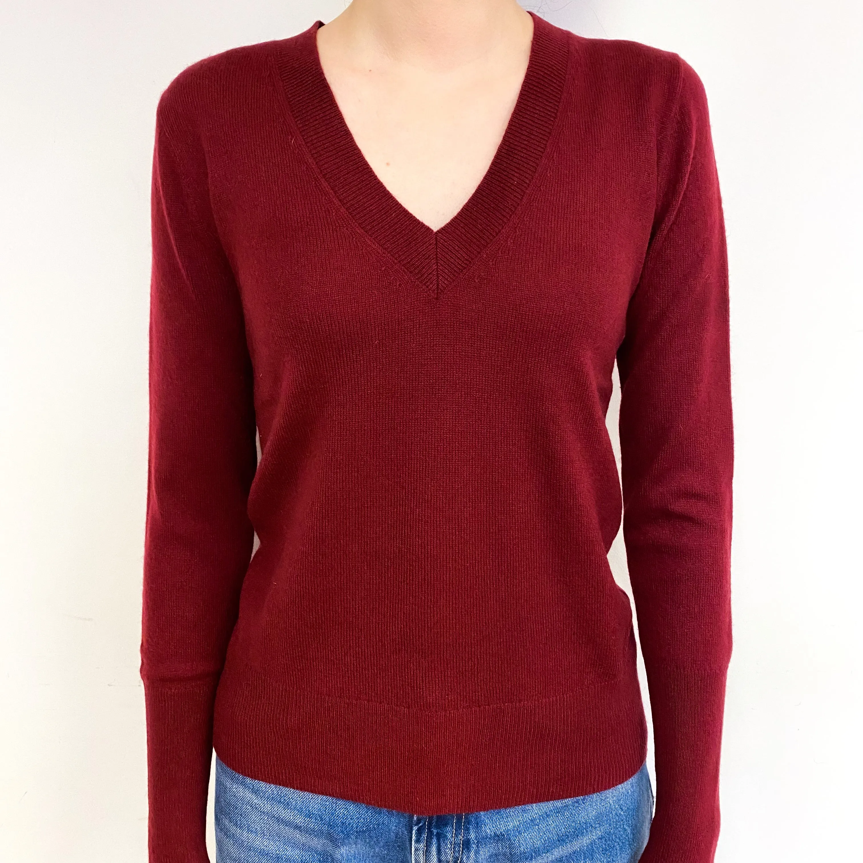Burgundy Red Cashmere V-Neck Jumper Extra Small