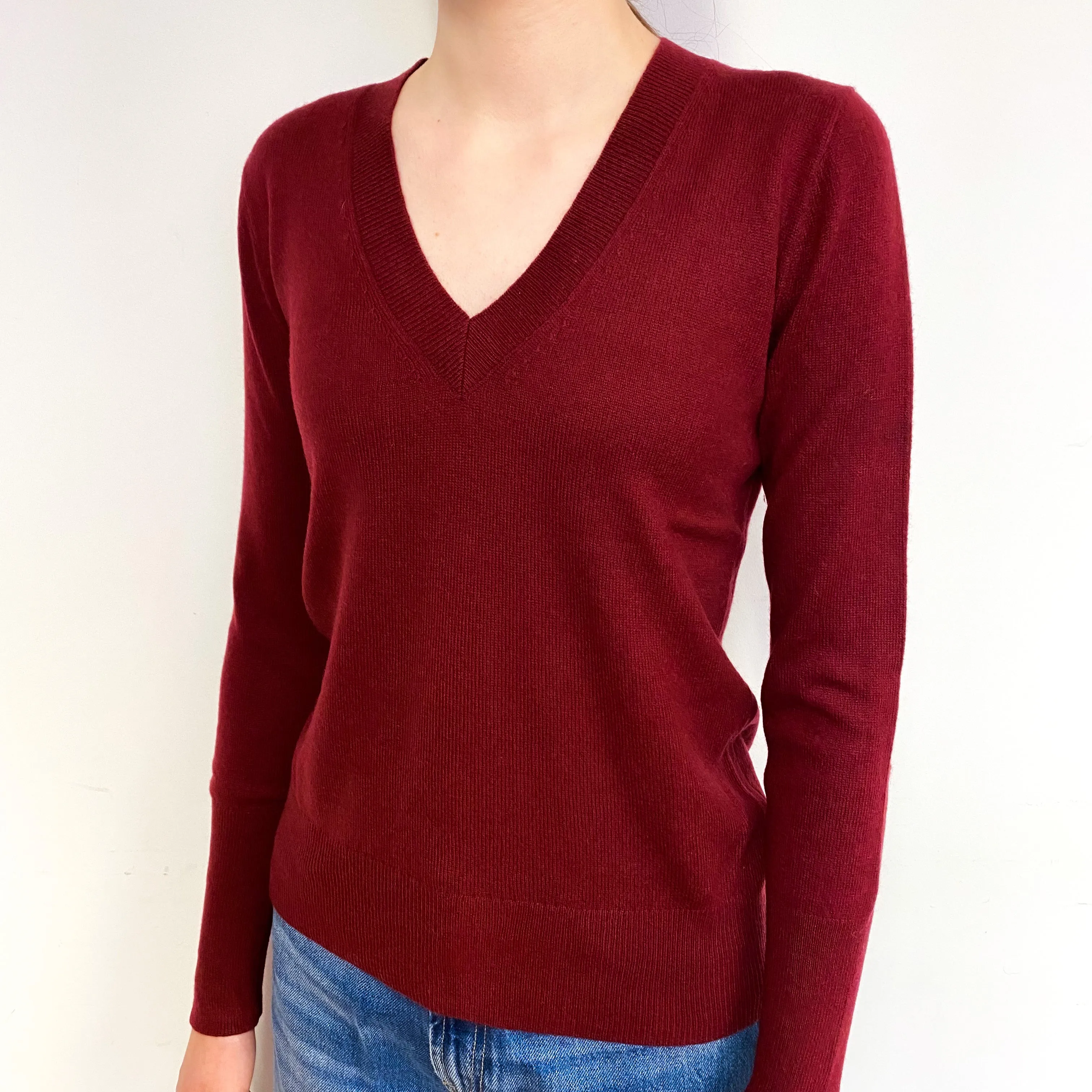 Burgundy Red Cashmere V-Neck Jumper Extra Small