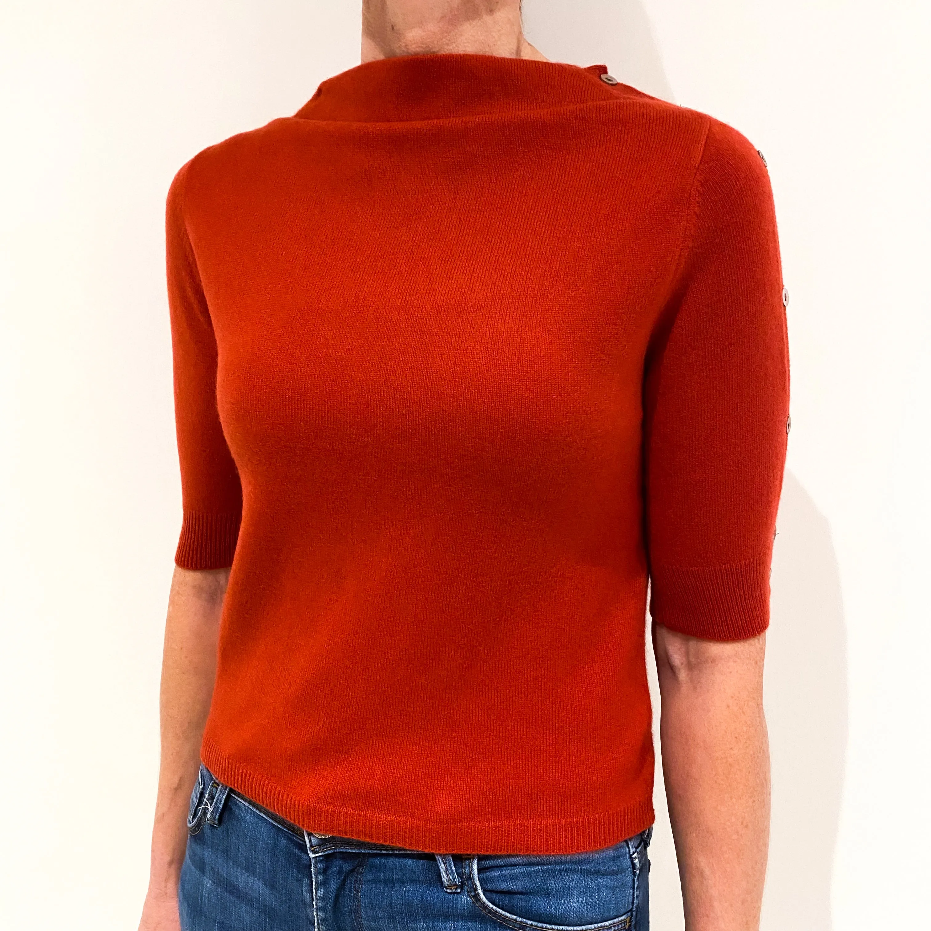 Burnt Orange Short Sleeved Cashmere Slash Neck Jumper Small