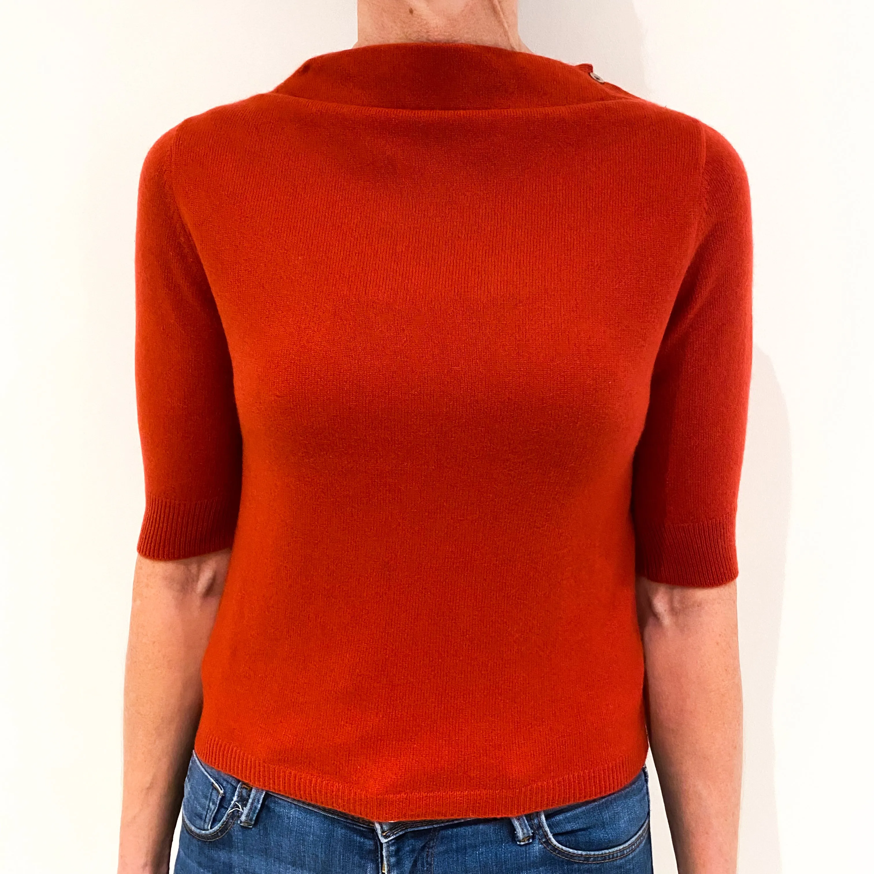 Burnt Orange Short Sleeved Cashmere Slash Neck Jumper Small