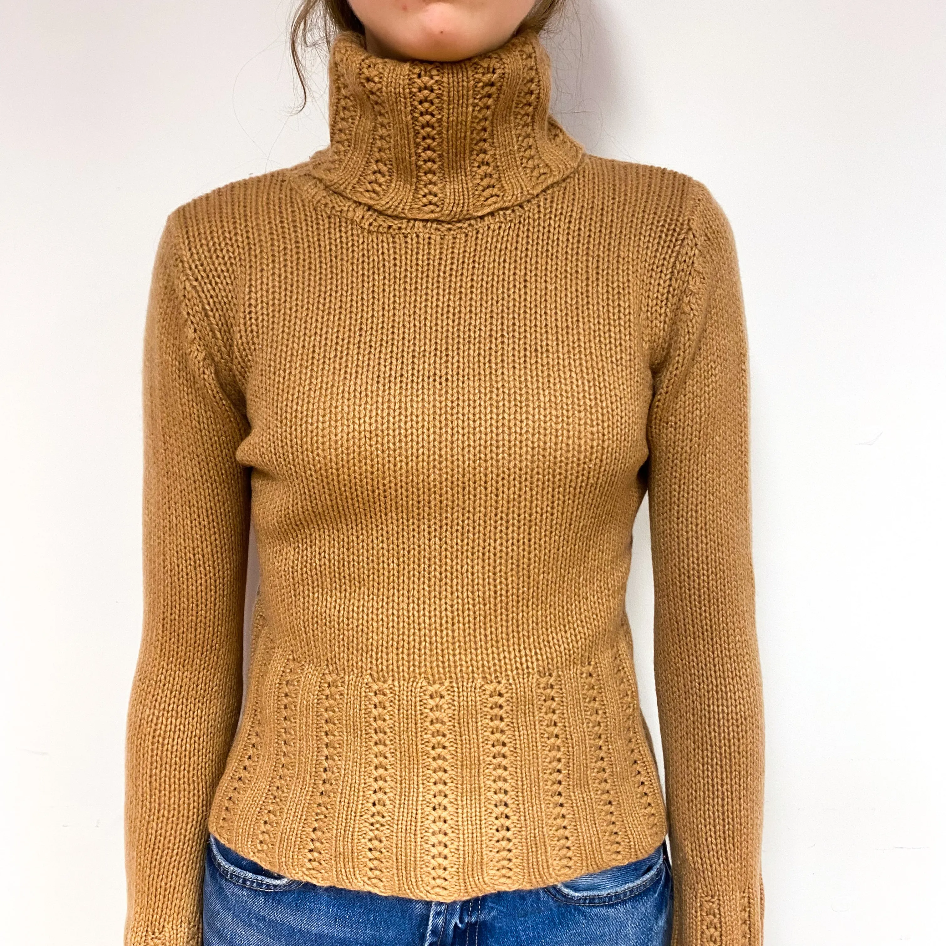 Butterscotch Brown Chunky Cashmere Polo Neck Jumper Extra Small
