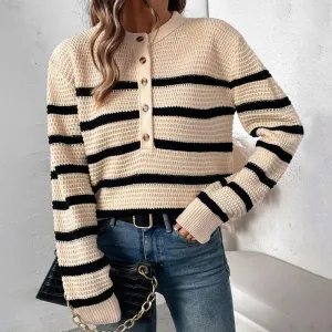 Button-detachable Striped Lazy Loose Sweater