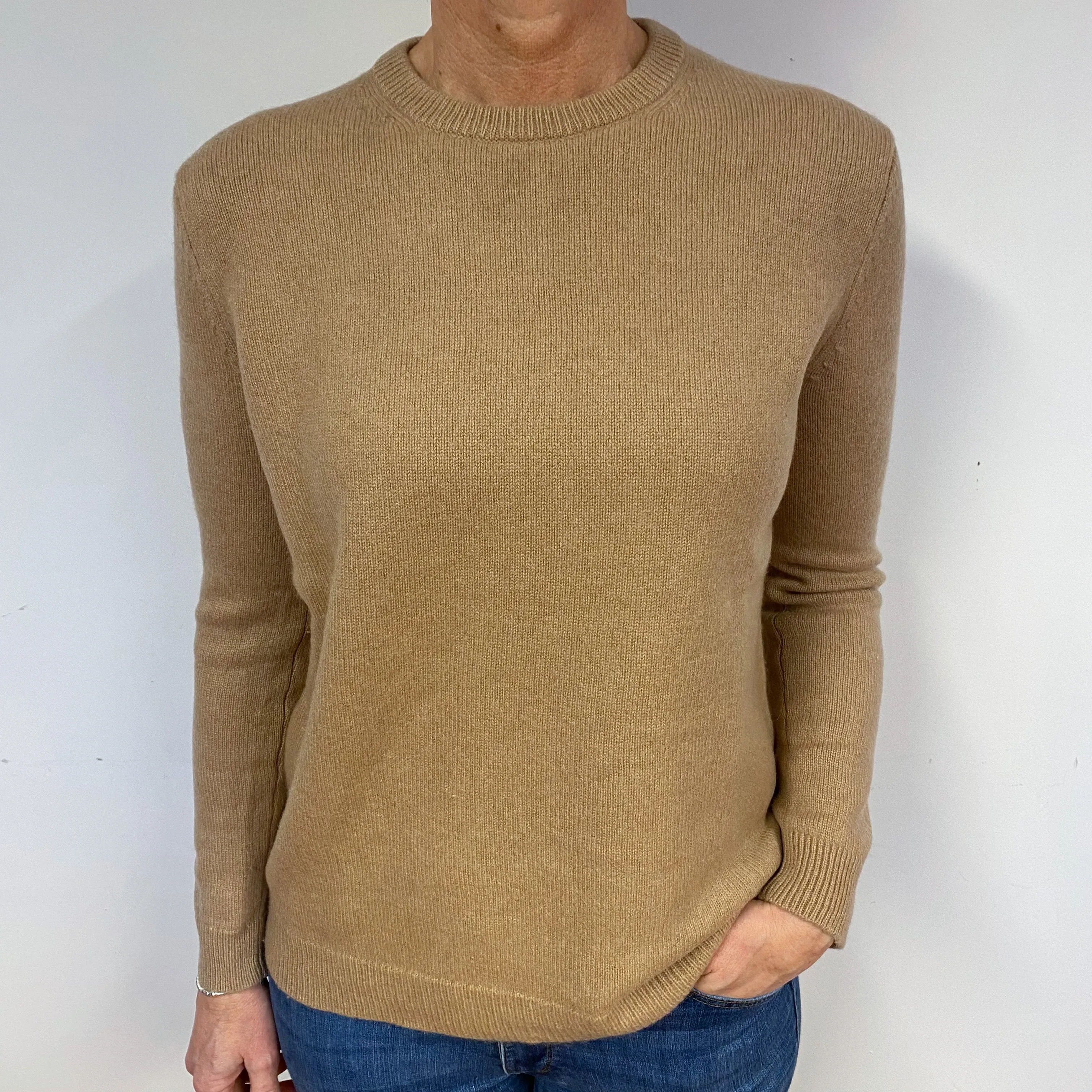 Camel Brown Cashmere Crew Neck Jumper Medium
