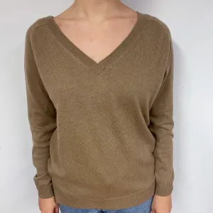Camel Brown Slouchy Cashmere V-Neck Jumper Small