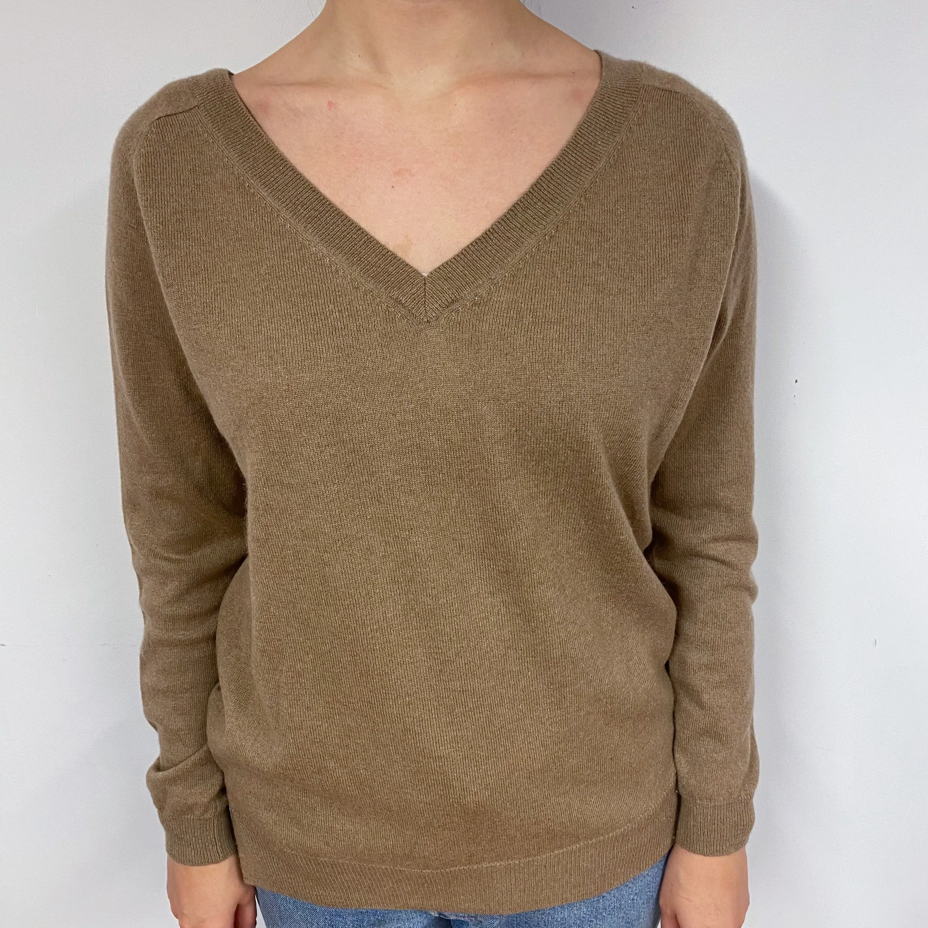 Camel Brown Slouchy Cashmere V-Neck Jumper Small