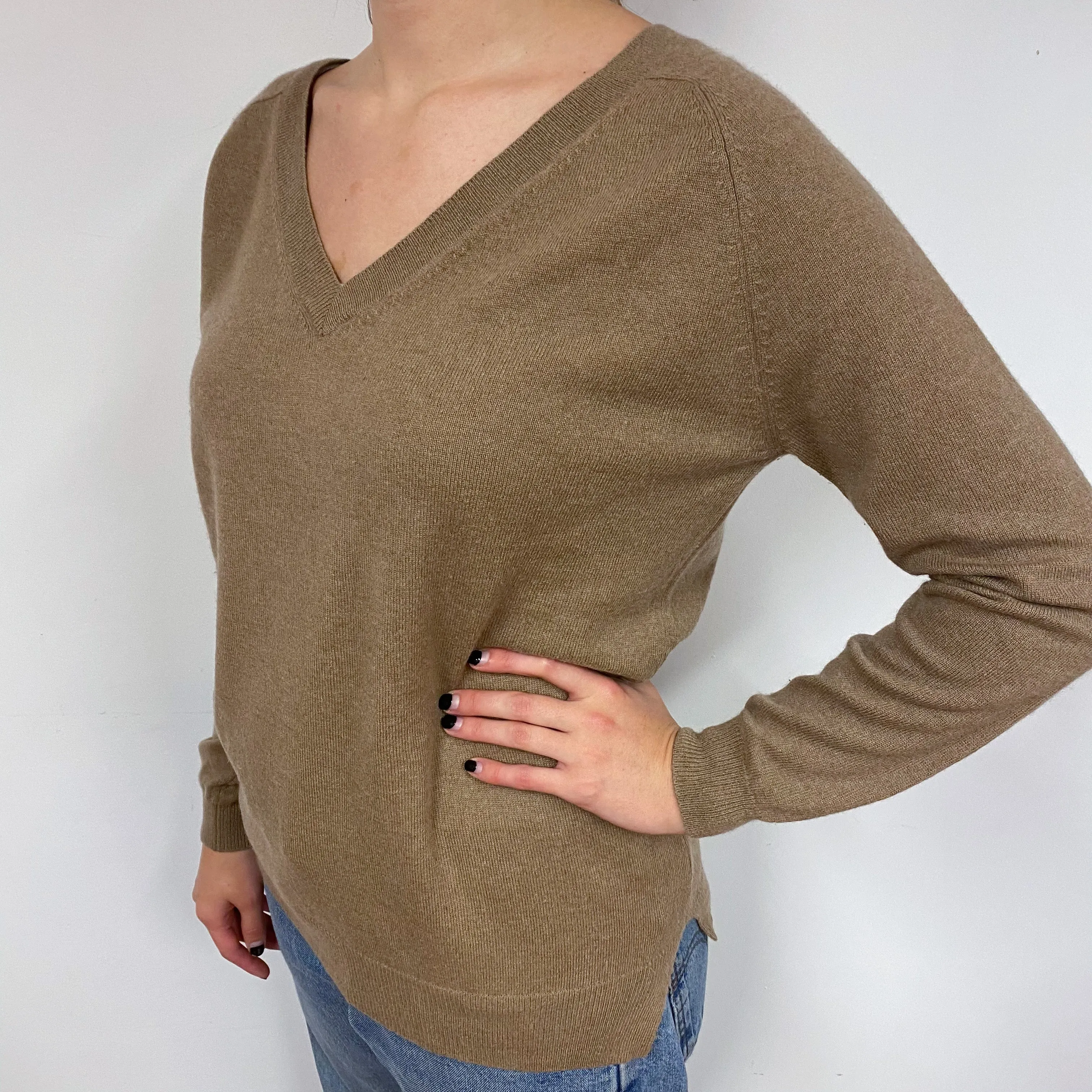 Camel Brown Slouchy Cashmere V-Neck Jumper Small