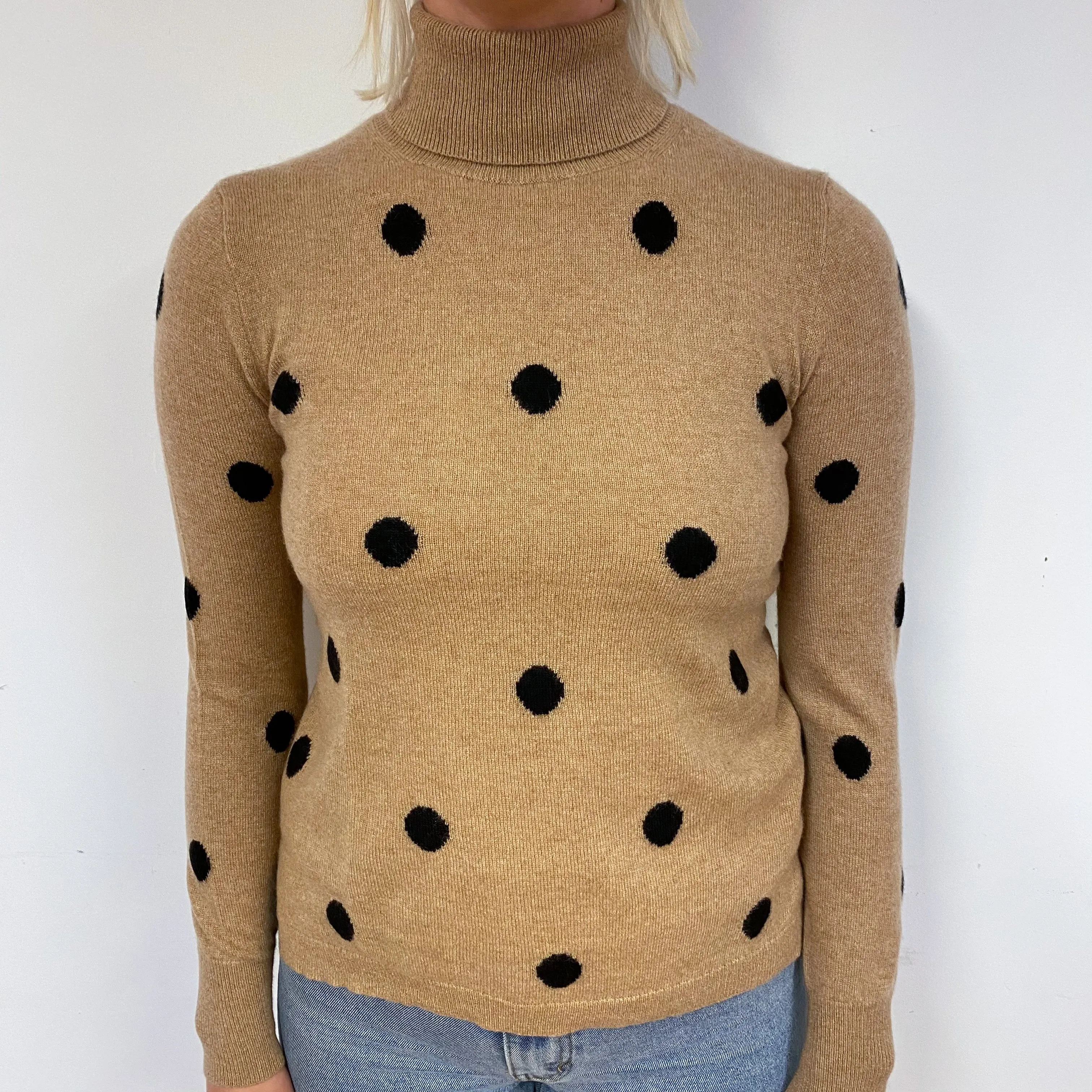 Camel Brown Spotty Cashmere Polo Neck Jumper Small