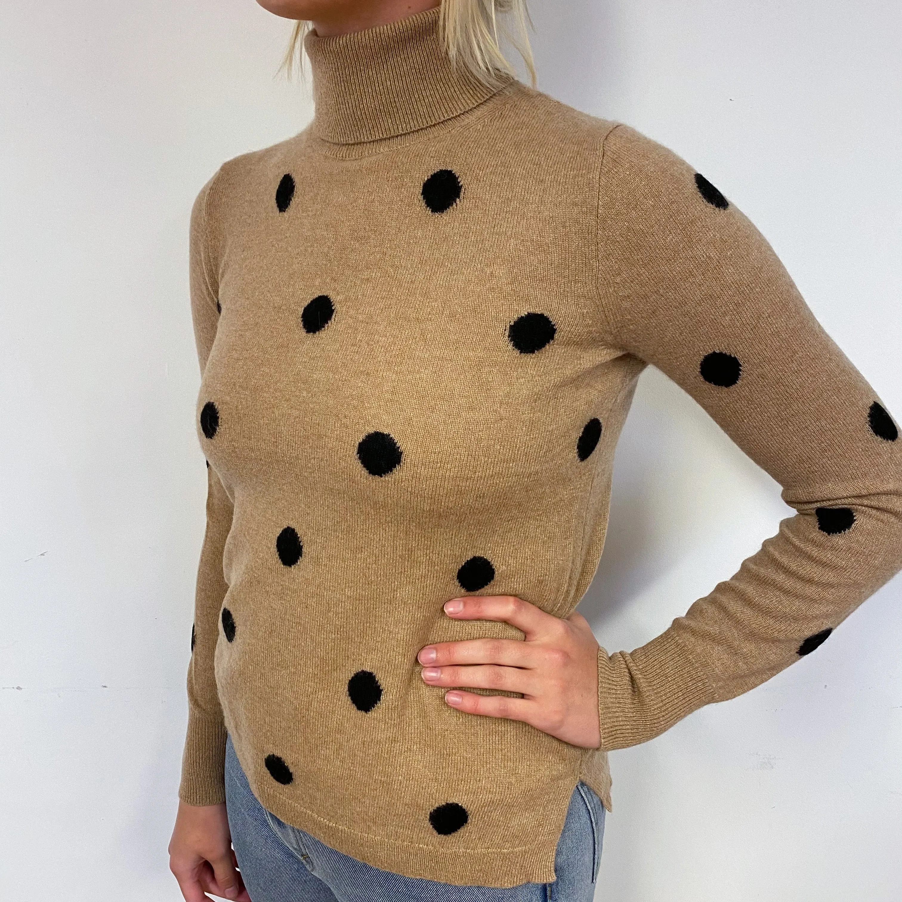 Camel Brown Spotty Cashmere Polo Neck Jumper Small