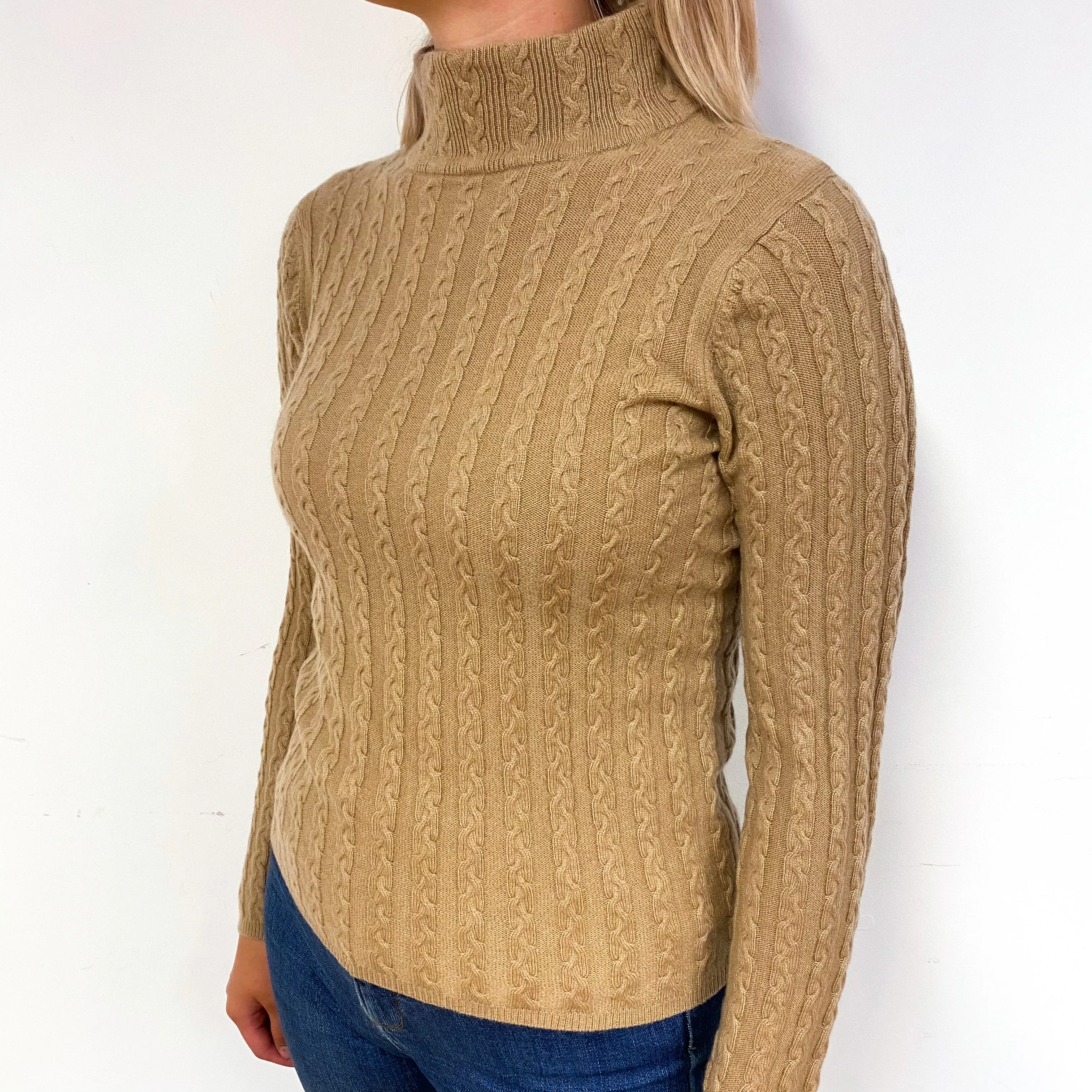 Caramel Brown Cable Cashmere Turtle Neck Jumper Small