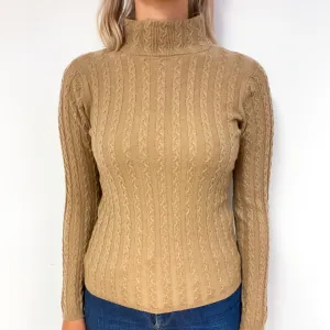 Caramel Brown Cable Cashmere Turtle Neck Jumper Small