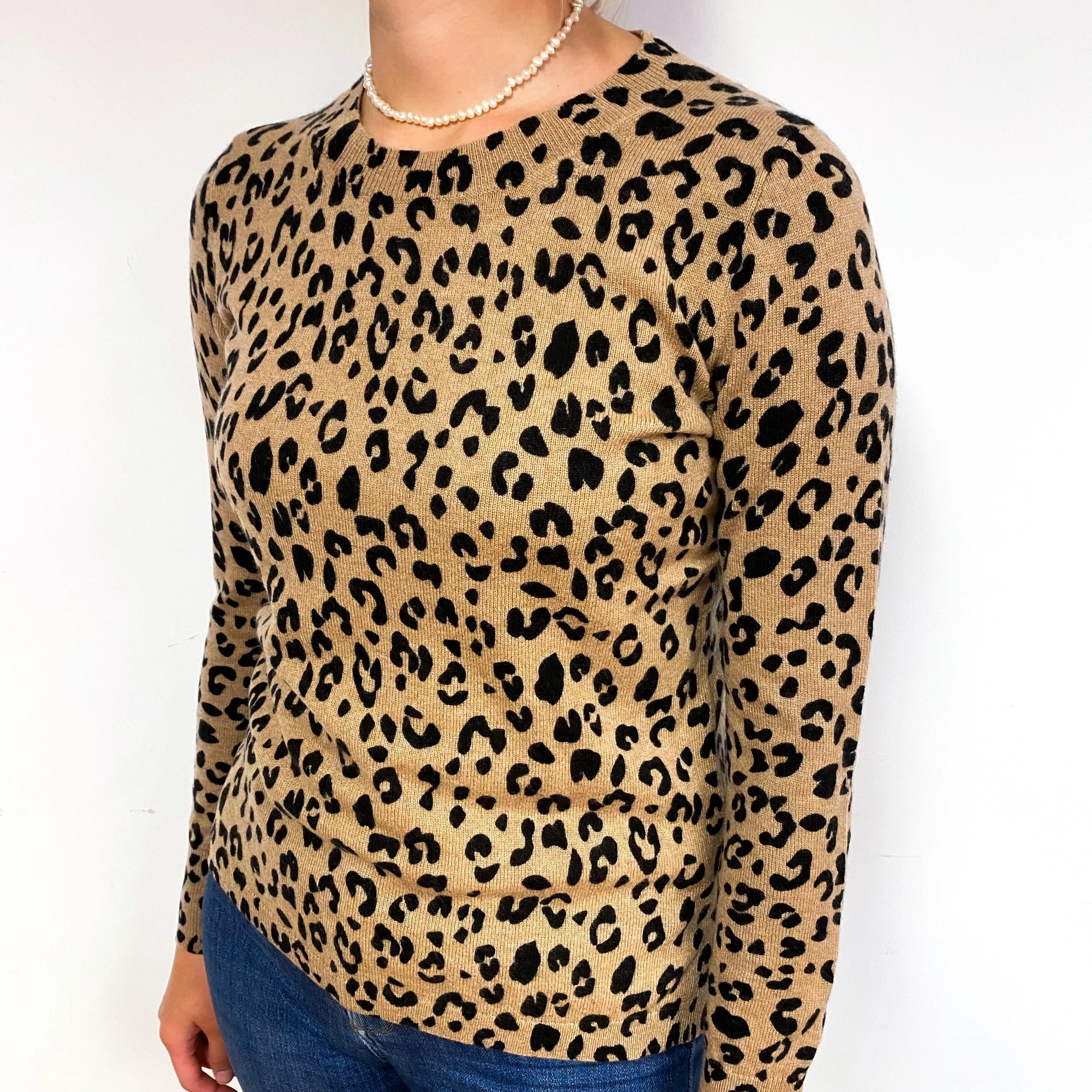 Caramel Brown Leopard Cashmere Crew Neck Jumper Small