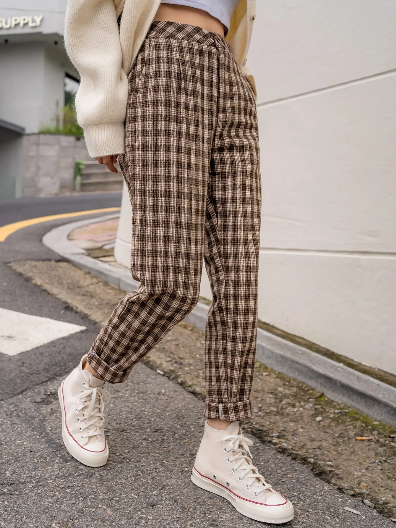 Casual Gingham High Waist Cropped Women Pants