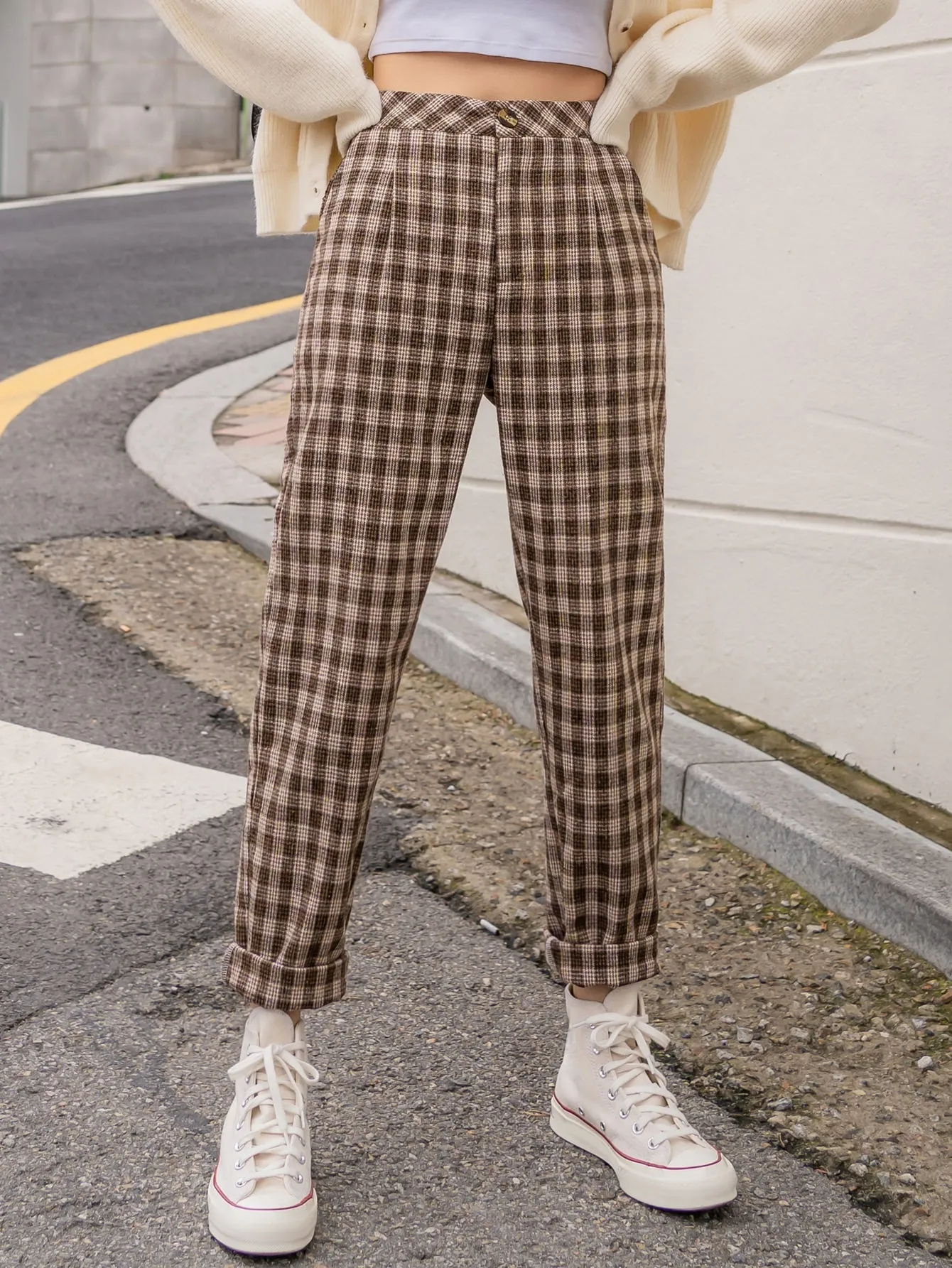Casual Gingham High Waist Cropped Women Pants