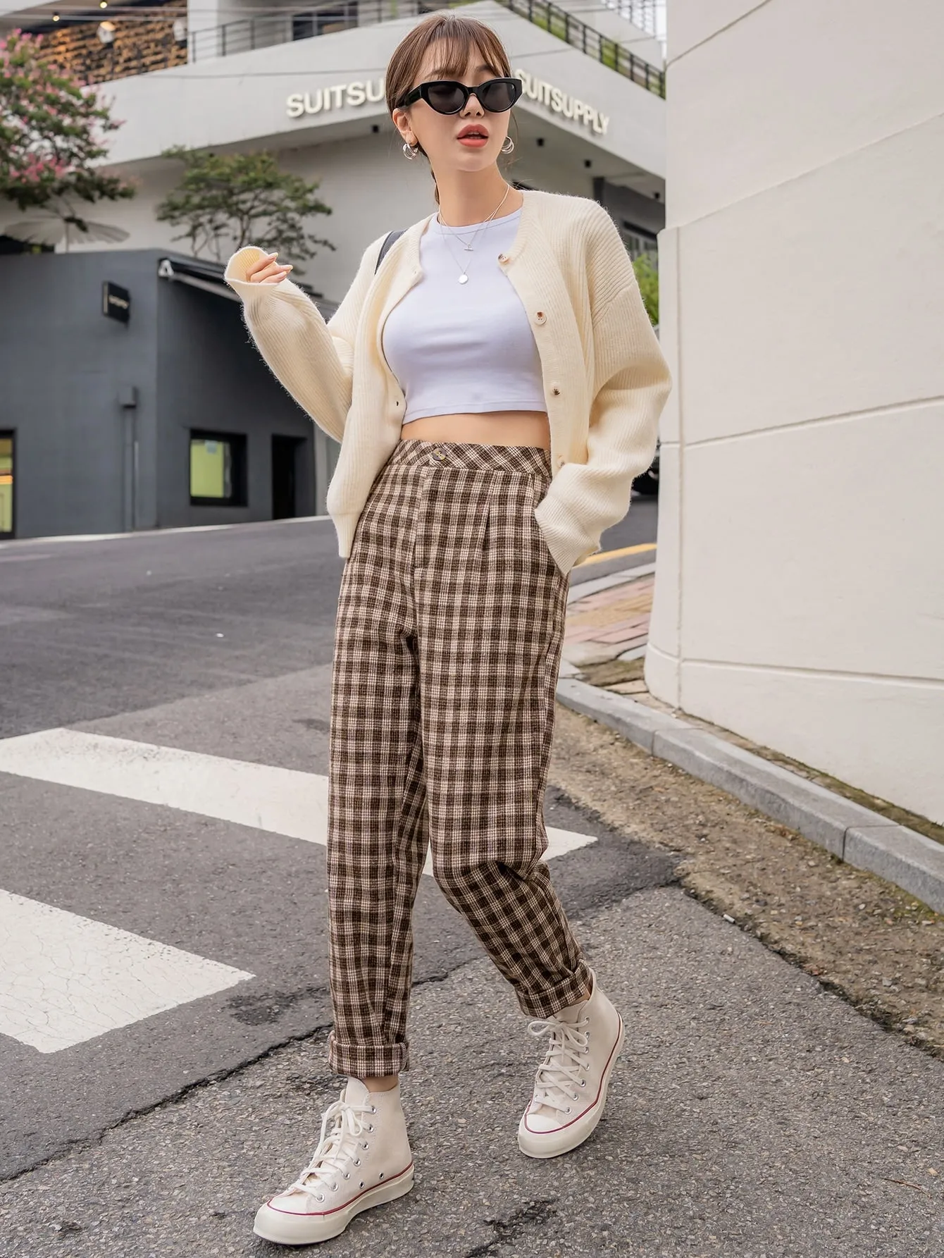 Casual Gingham High Waist Cropped Women Pants