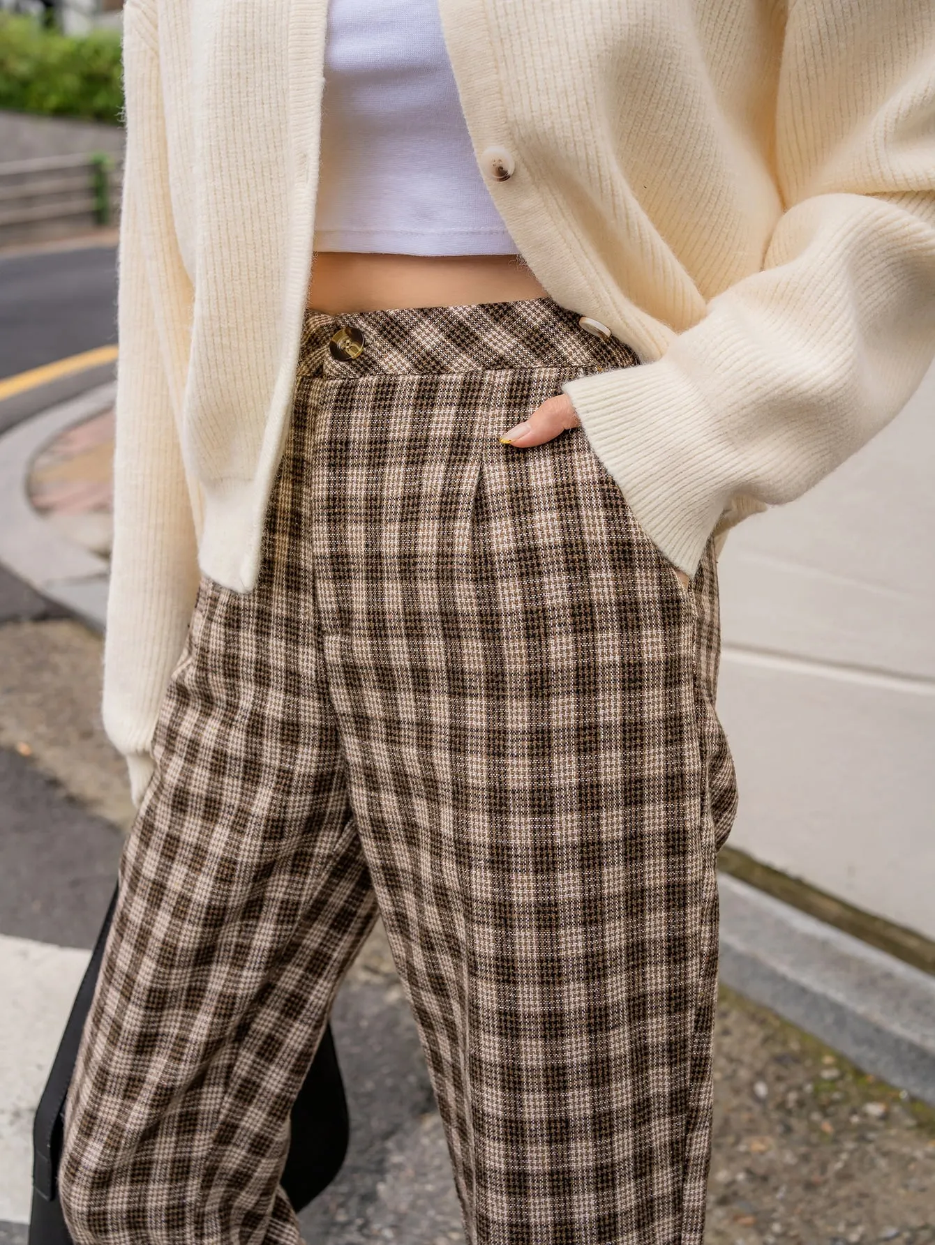 Casual Gingham High Waist Cropped Women Pants