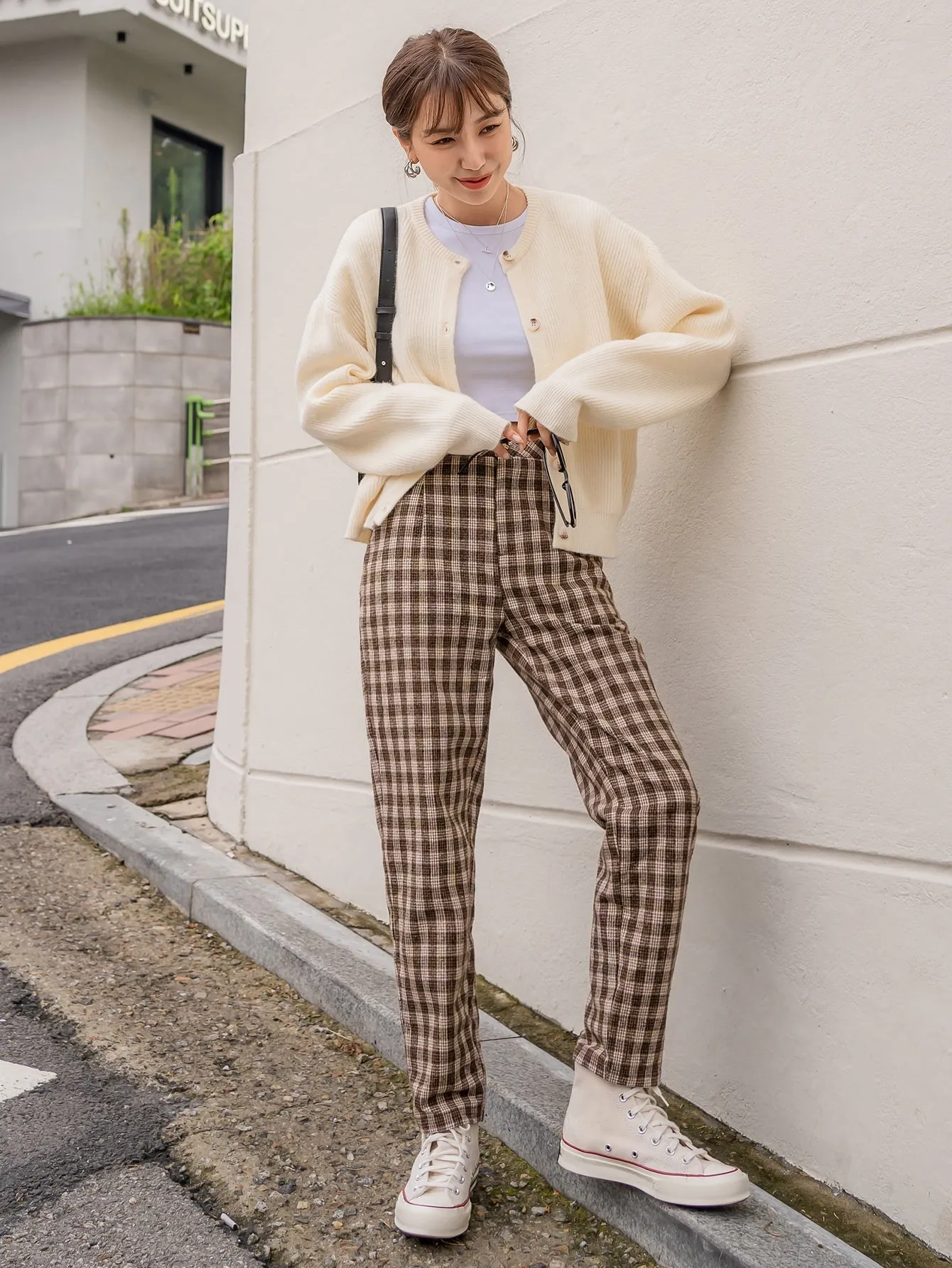 Casual Gingham High Waist Cropped Women Pants