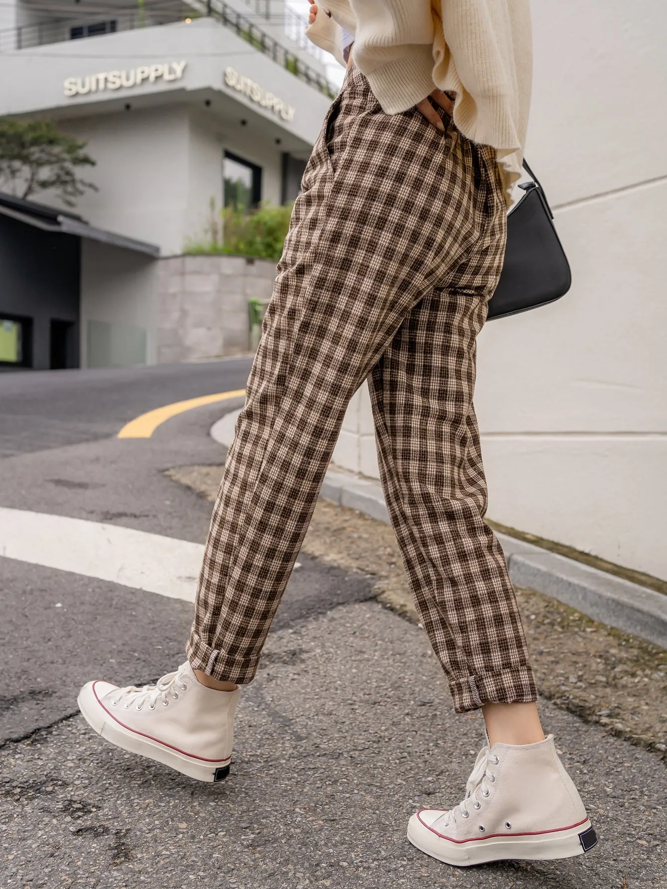 Casual Gingham High Waist Cropped Women Pants