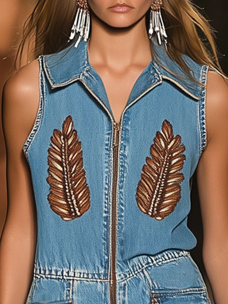Casual Loose Retro Leaf Embroidery Zipper Denim Vest Shorts Jumpsuit