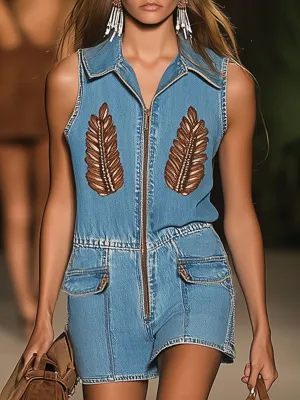 Casual Loose Retro Leaf Embroidery Zipper Denim Vest Shorts Jumpsuit