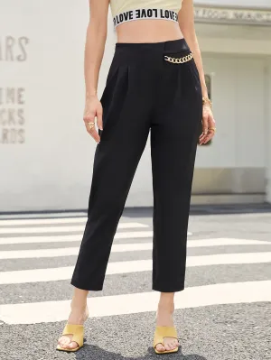 Casual Plain Chain High Waist Cropped Women Pants