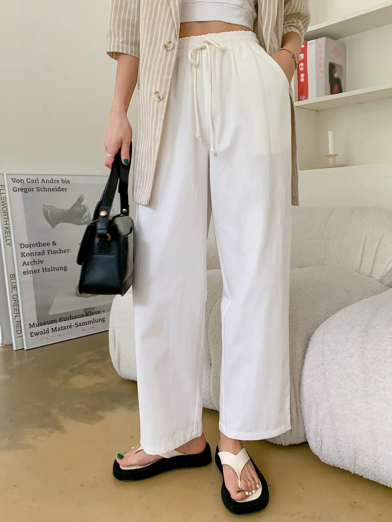Casual Plain Drawstring Semi-Sheer High Waist Long Women Pants