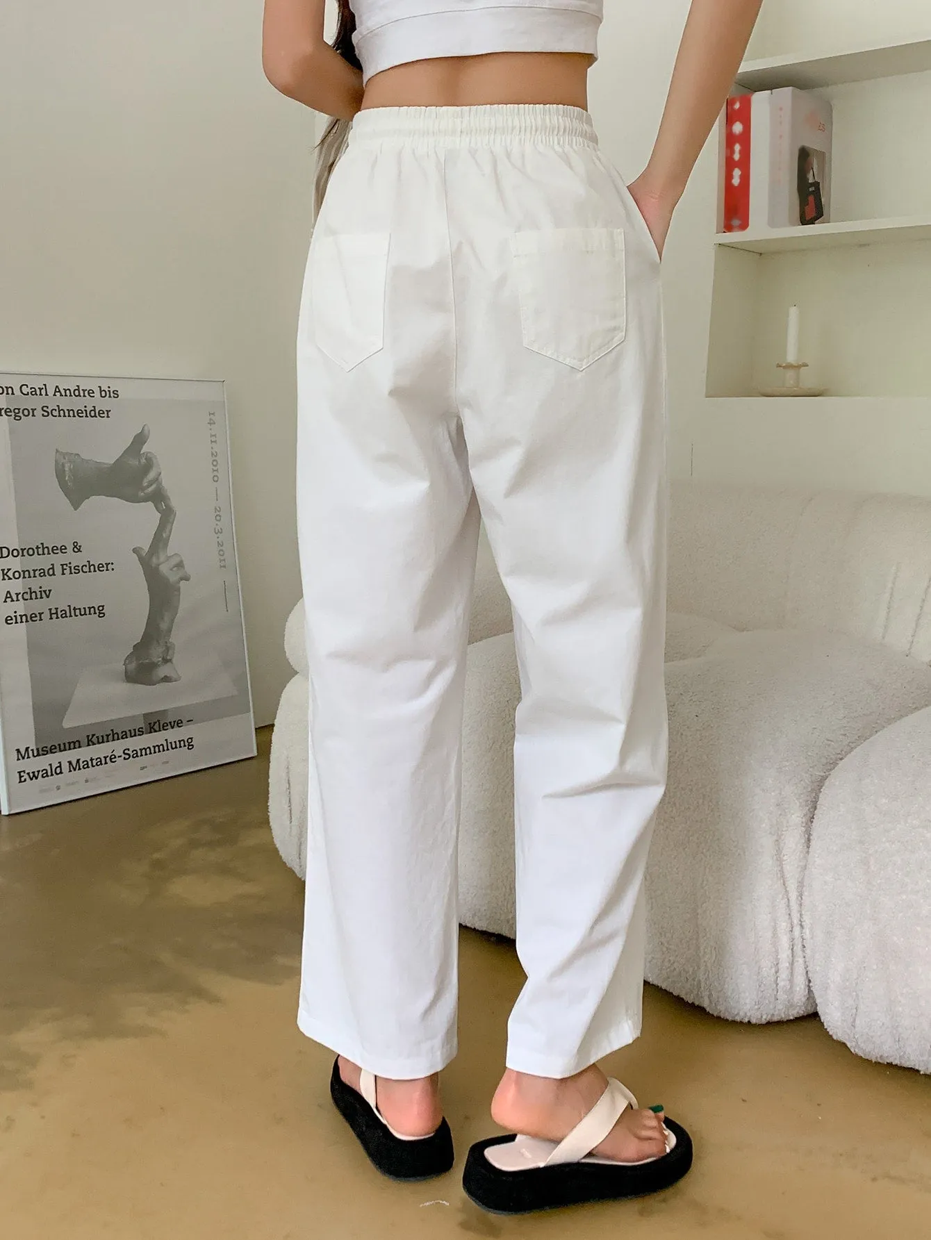 Casual Plain Drawstring Semi-Sheer High Waist Long Women Pants