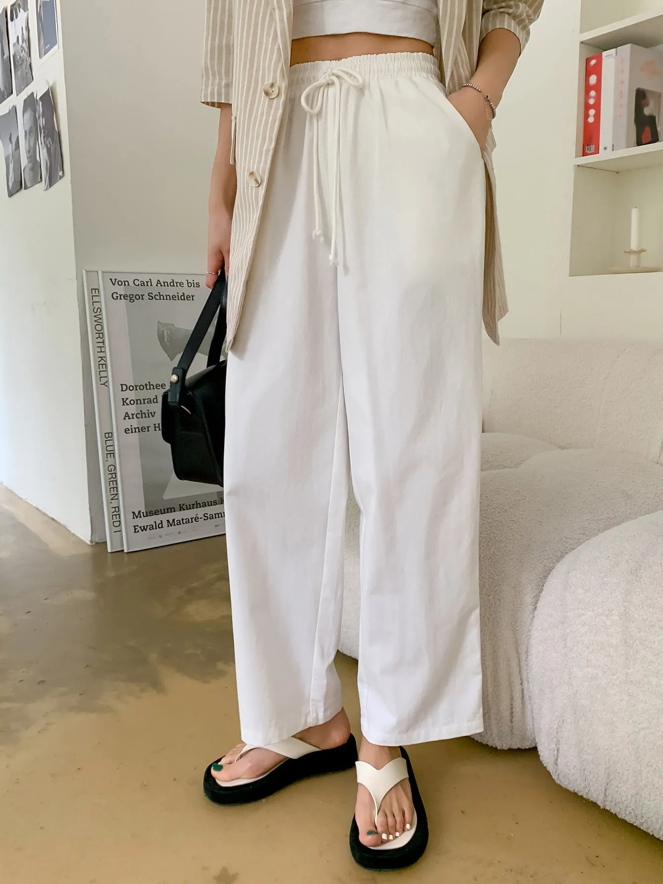 Casual Plain Drawstring Semi-Sheer High Waist Long Women Pants