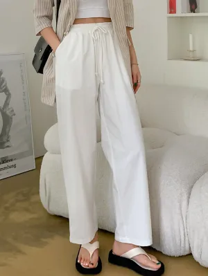 Casual Plain Drawstring Semi-Sheer High Waist Long Women Pants