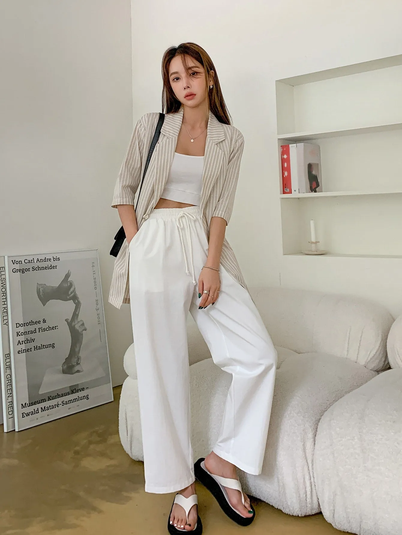 Casual Plain Drawstring Semi-Sheer High Waist Long Women Pants