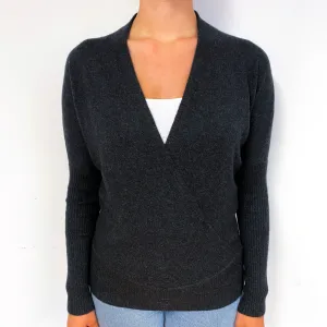 Charcoal Grey Cashmere Crossover V-Neck Jumper Small