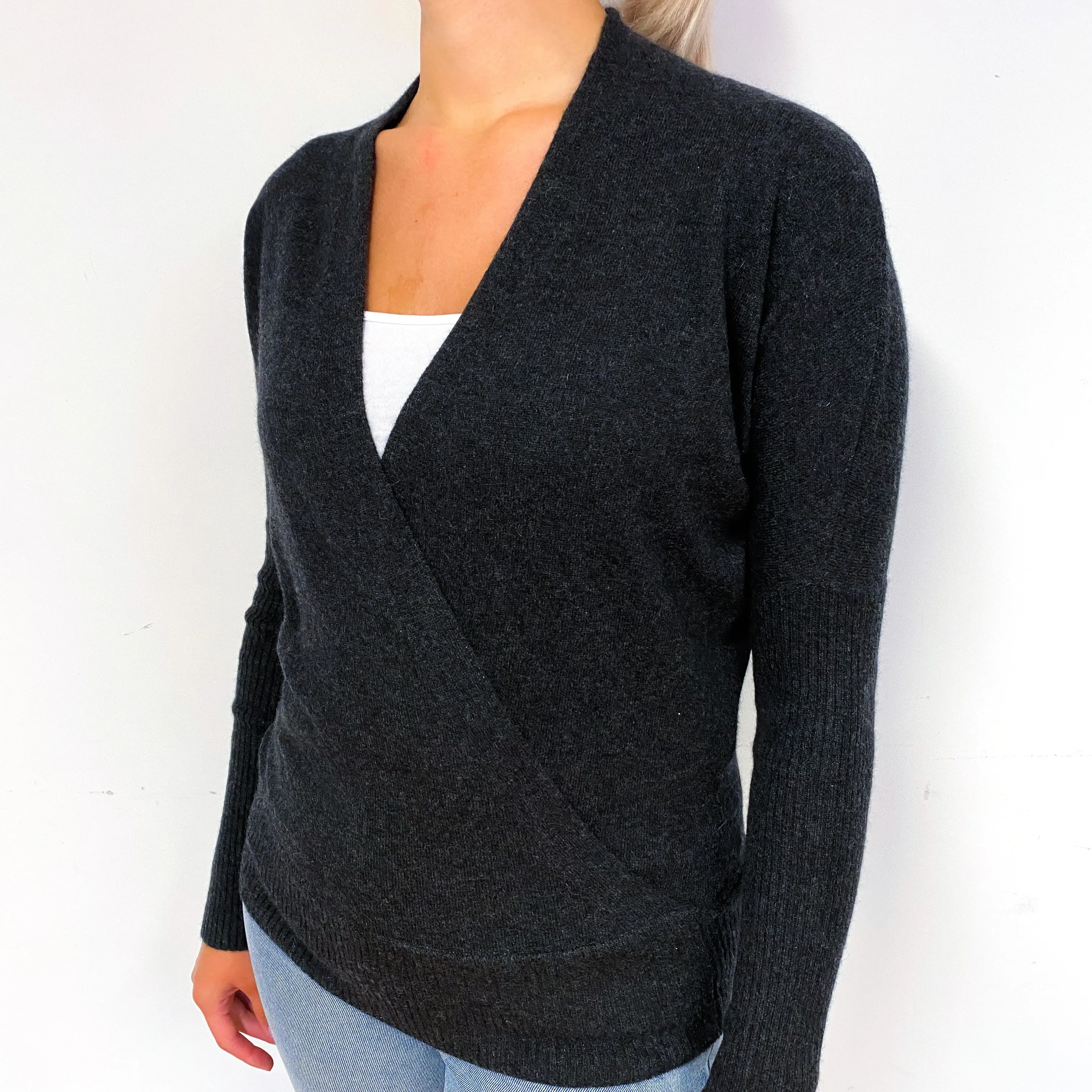 Charcoal Grey Cashmere Crossover V-Neck Jumper Small