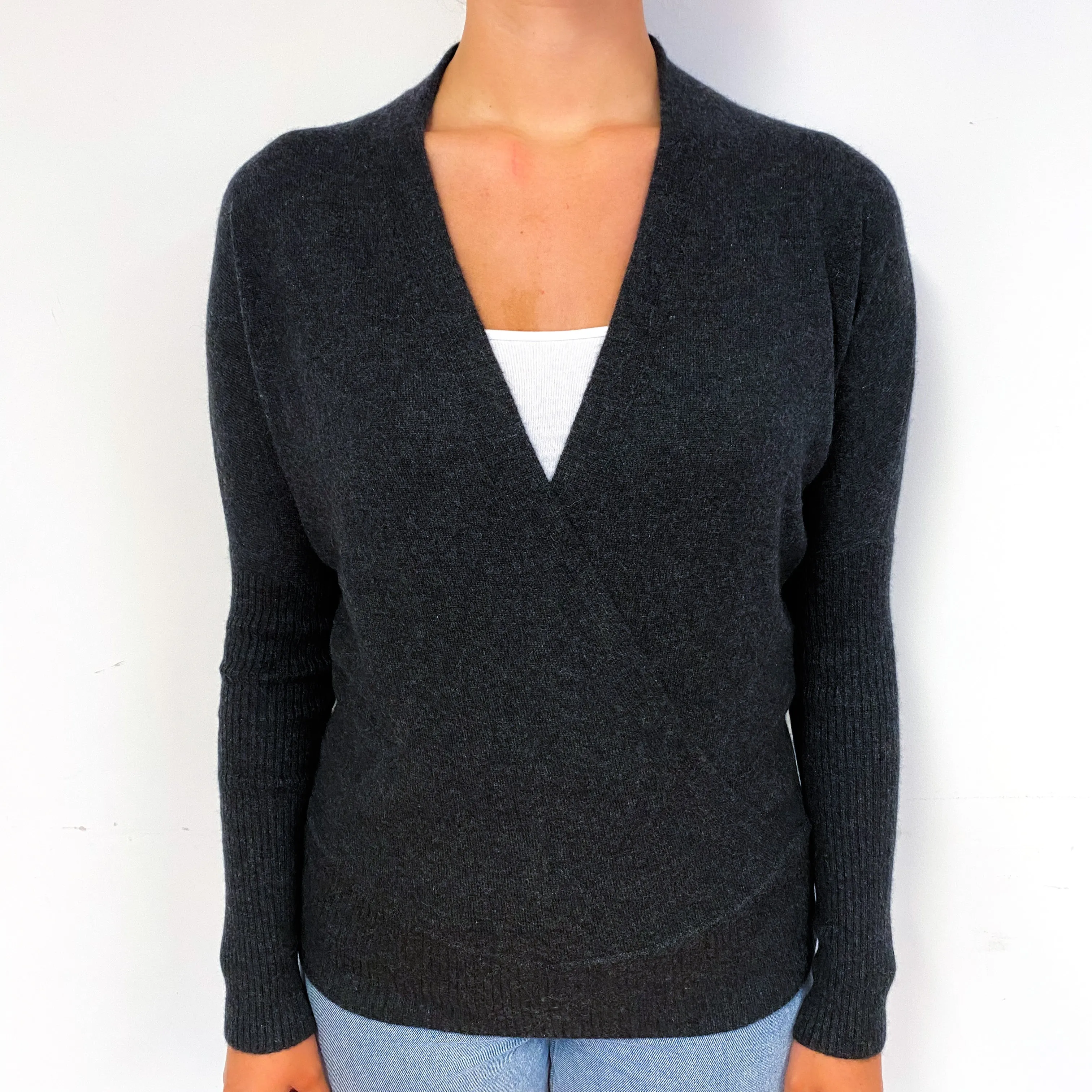 Charcoal Grey Cashmere Crossover V-Neck Jumper Small