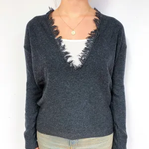 Charcoal Grey Cashmere Fringed V-Neck Jumper Small