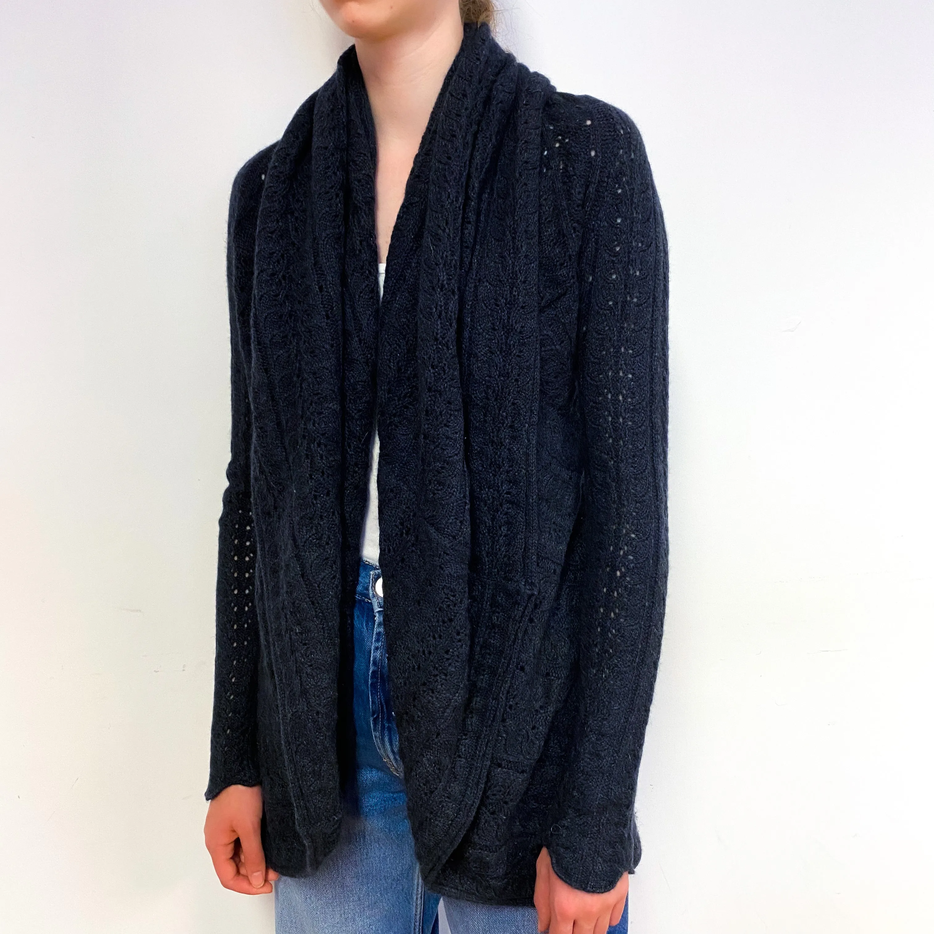 Charcoal Grey Chunky Lace Knit Cashmere Cardigan Extra Small
