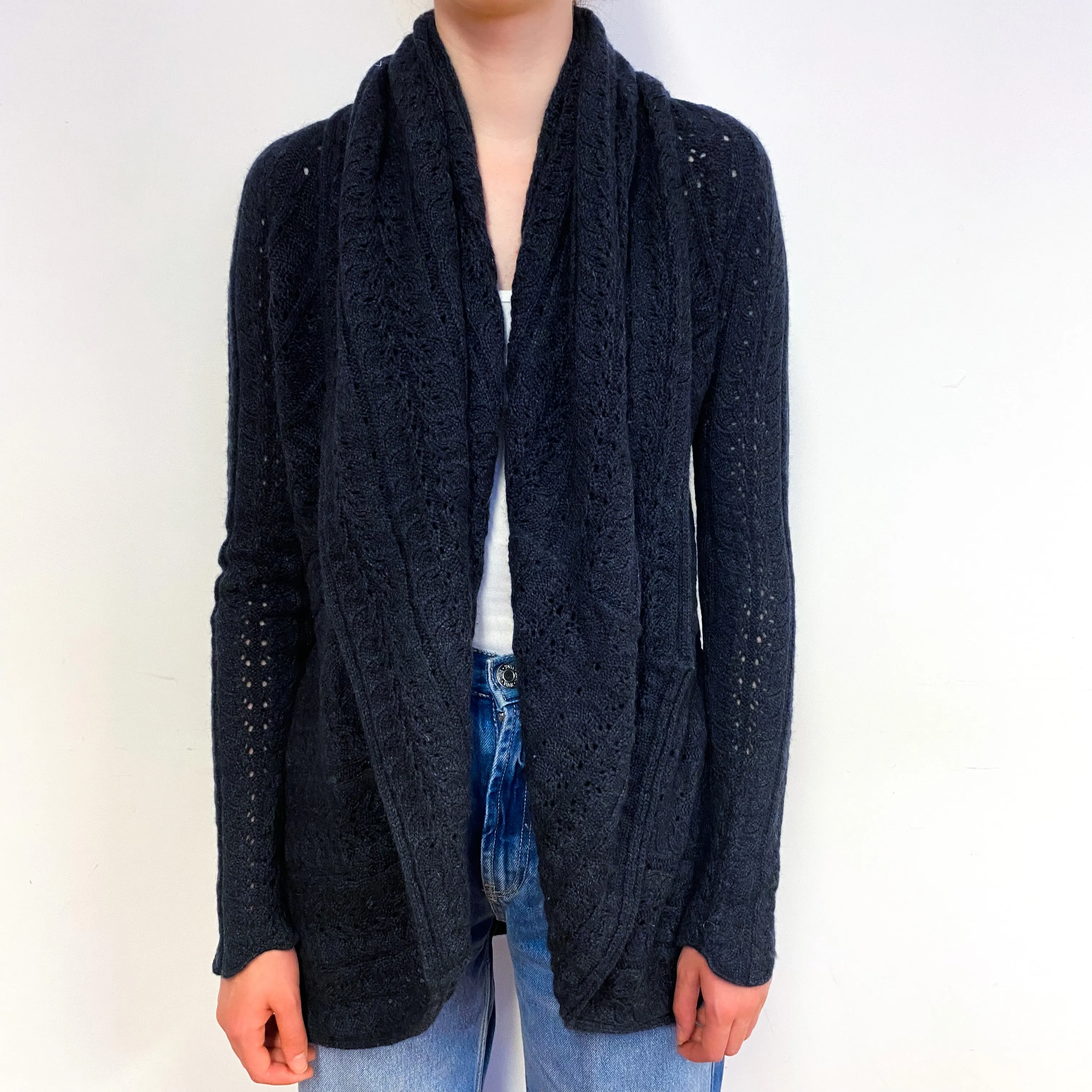 Charcoal Grey Chunky Lace Knit Cashmere Cardigan Extra Small