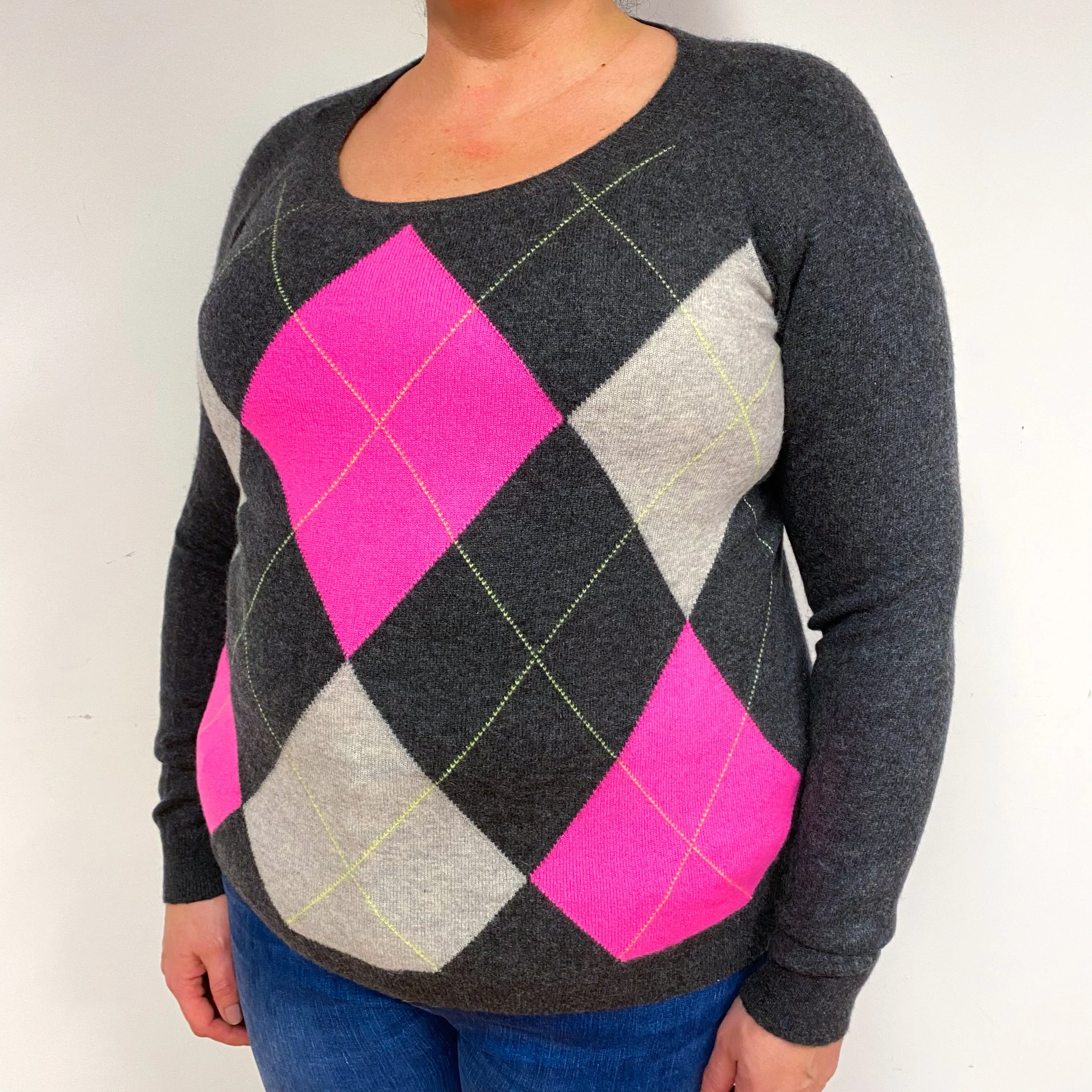 Charcoal Grey Diamond Cashmere Crew Neck Jumper Extra Large