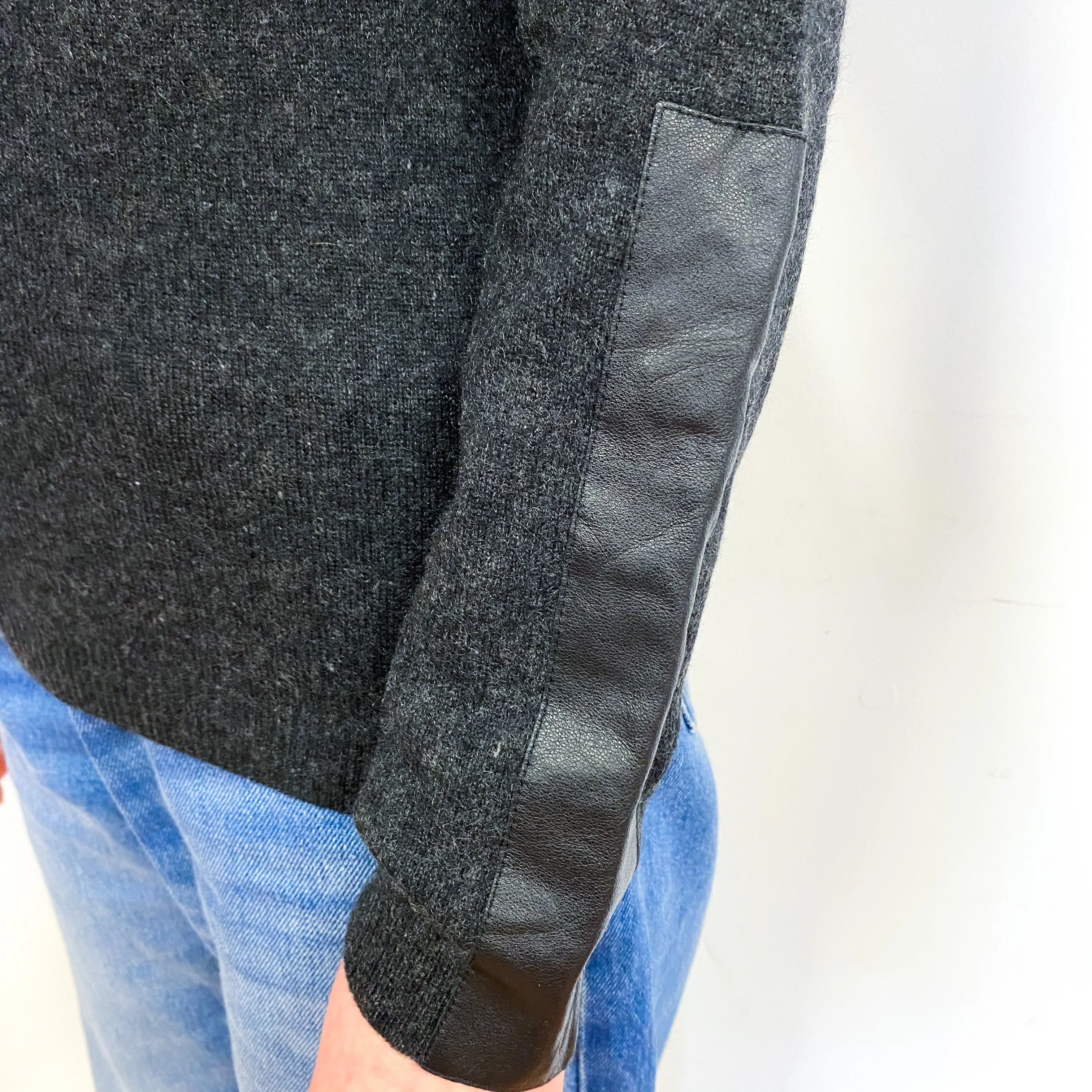 Charcoal Grey Leather Patch Cashmere Crew Neck Jumper Extra Small