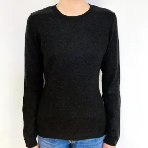 Charcoal Grey Leather Patch Cashmere Crew Neck Jumper Extra Small