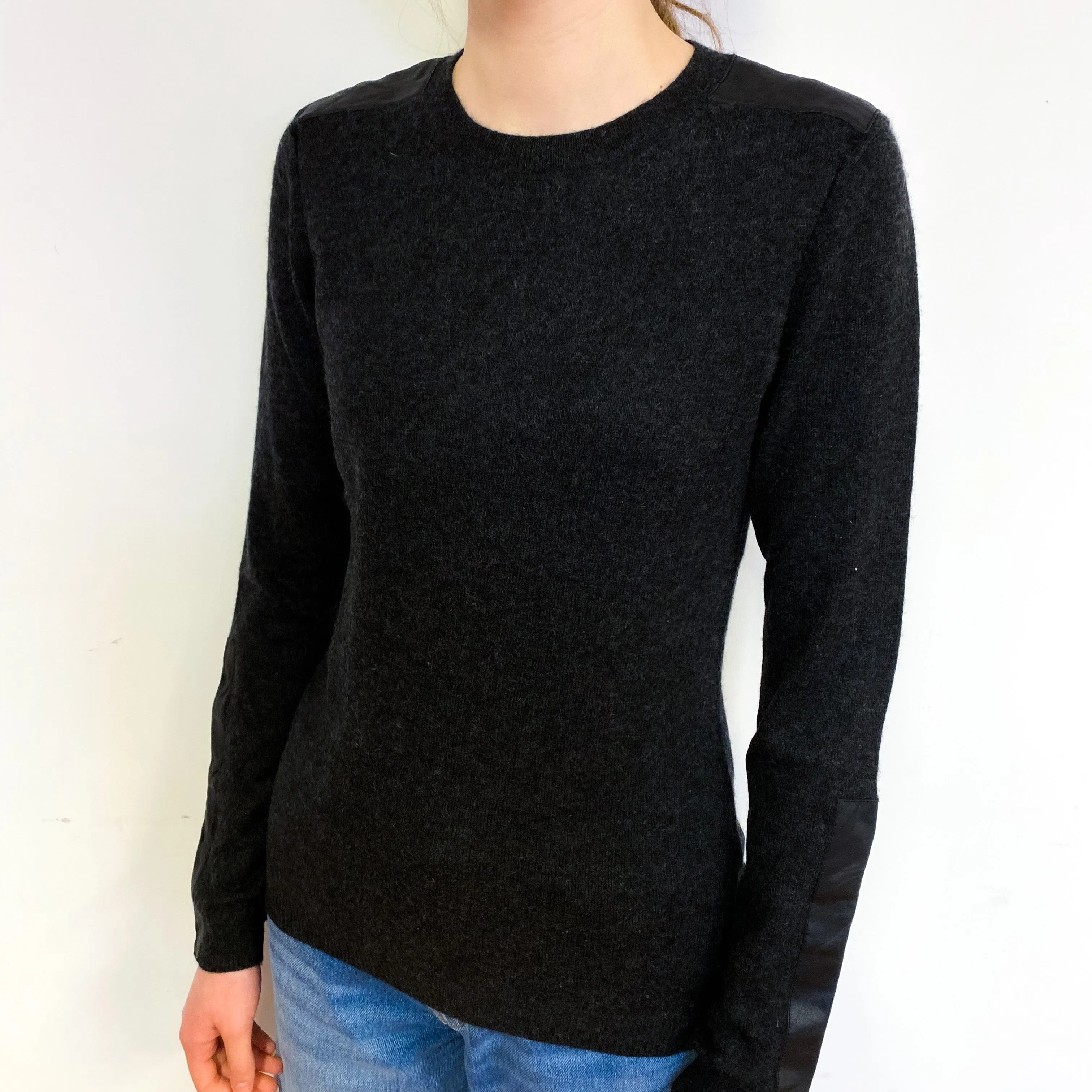 Charcoal Grey Leather Patch Cashmere Crew Neck Jumper Extra Small