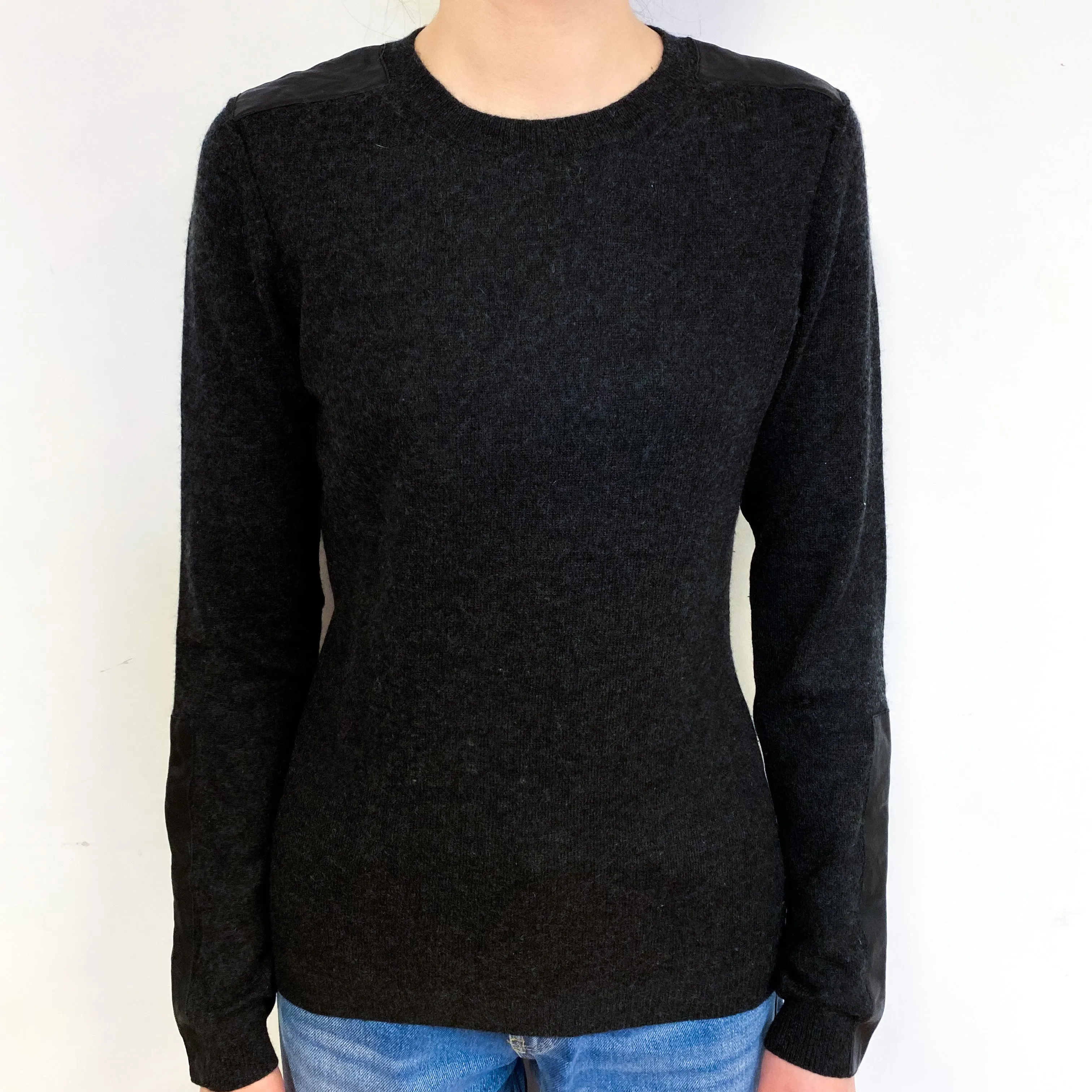 Charcoal Grey Leather Patch Cashmere Crew Neck Jumper Extra Small