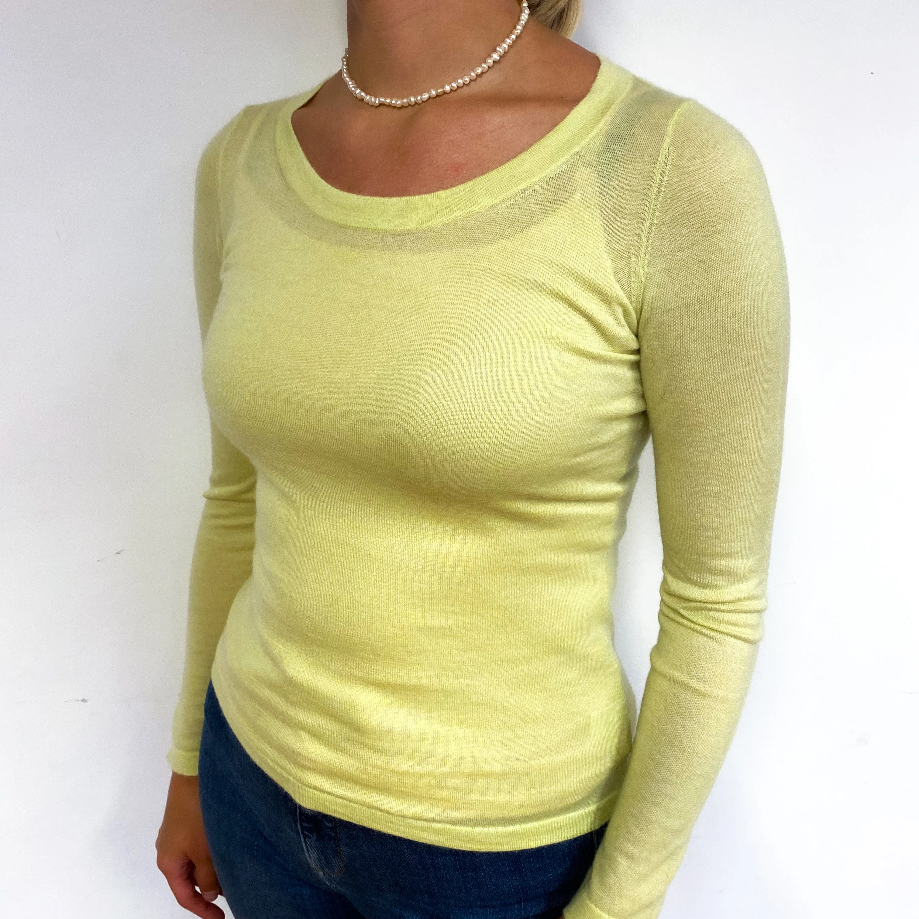 Chartreuse Yellow Fine Knit Cashmere Crew Neck Jumper Small