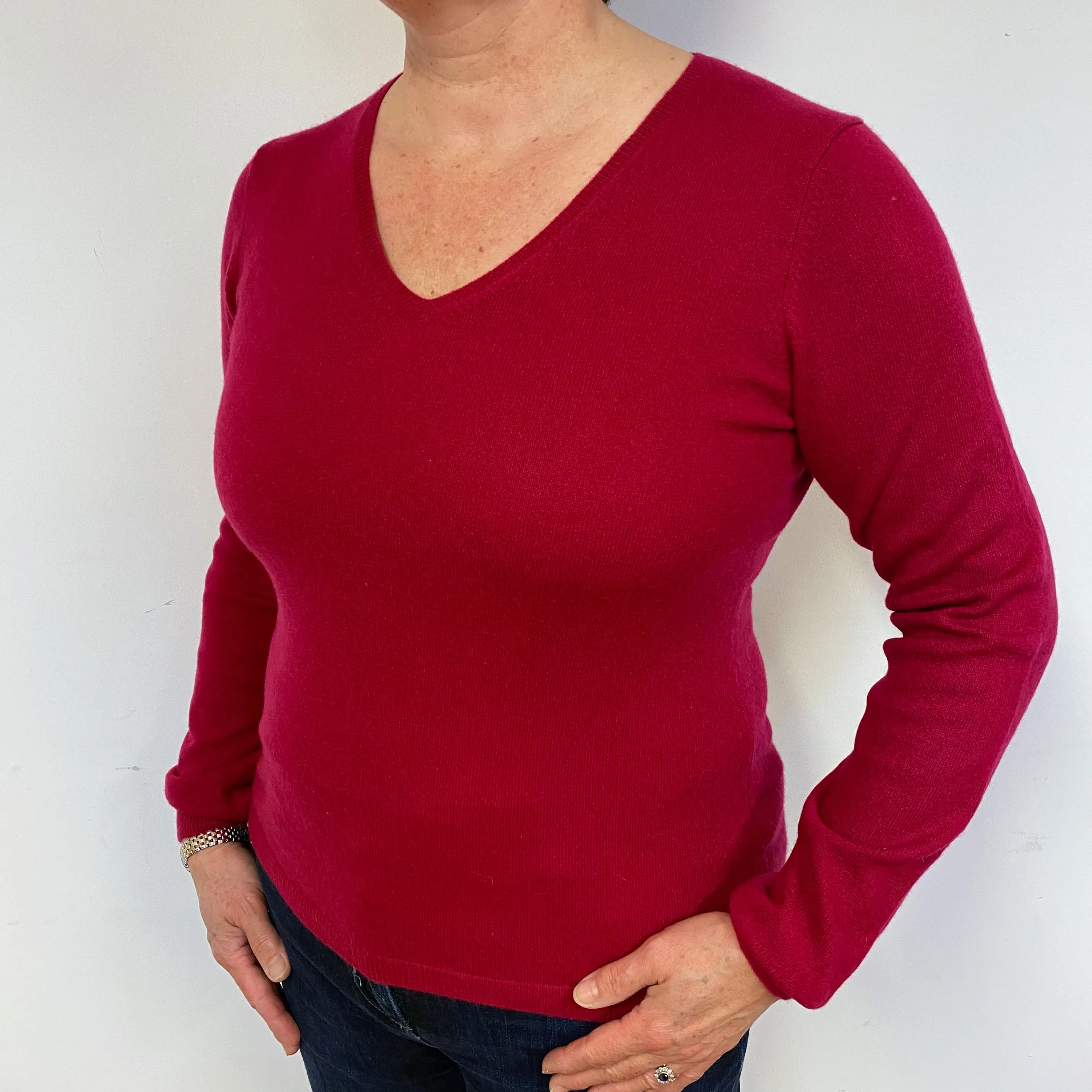 Cherry Pink Cashmere V-Neck Jumper Large.