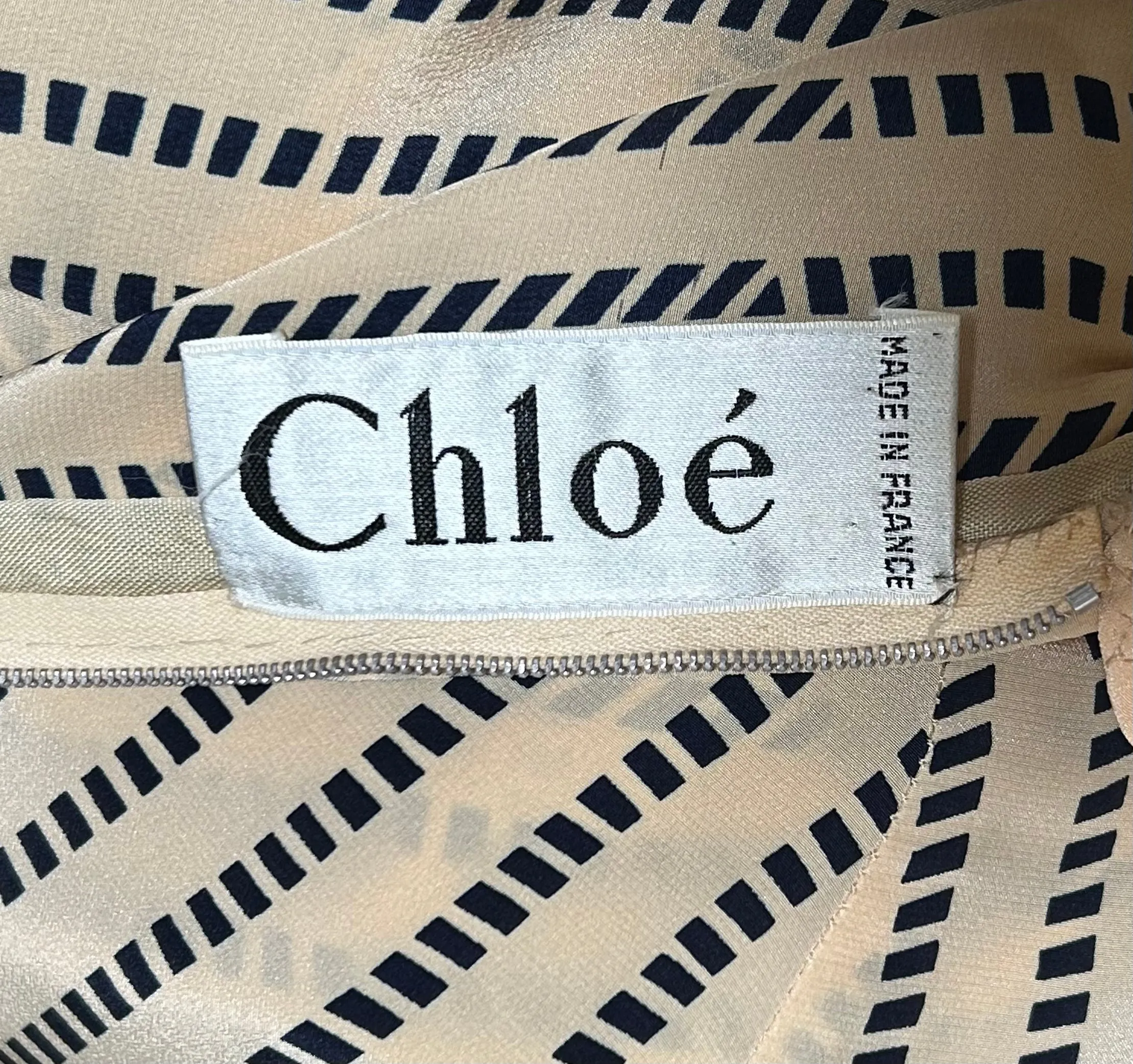 Chloe Beige and Navy Babydoll Silk Dress with Ruffle Collar